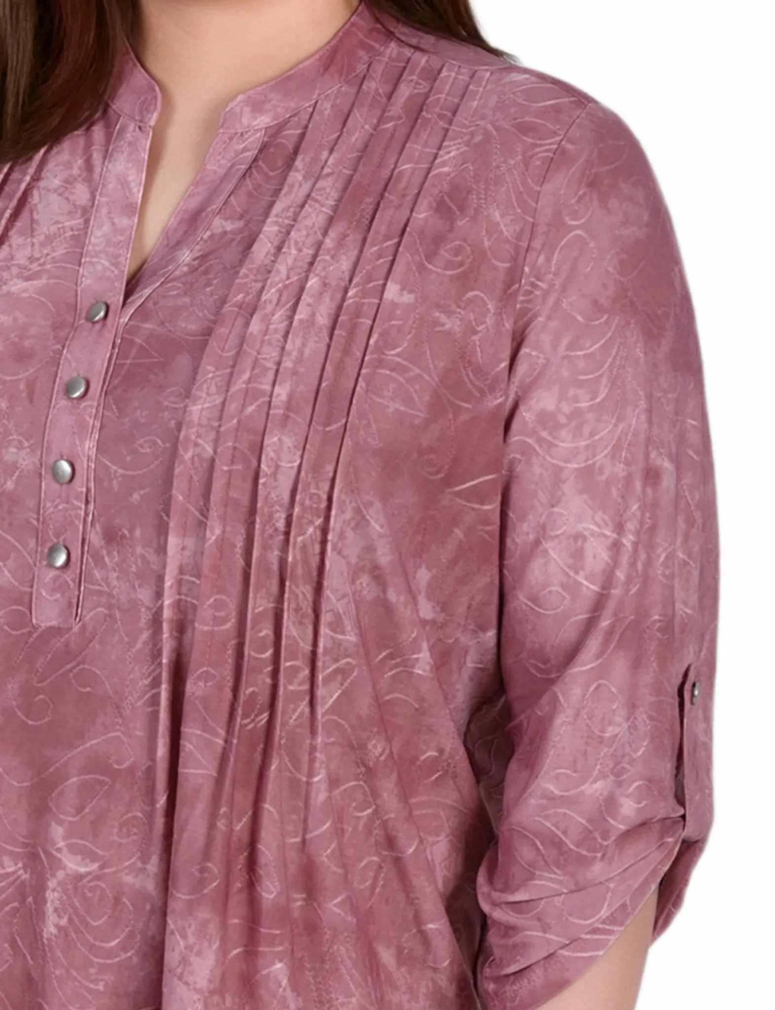 Mauve Tie Dye 3/4 Sleeve Roll Tab Y Neck Top - Plus sold by Dress Barn product image thumbnail 3