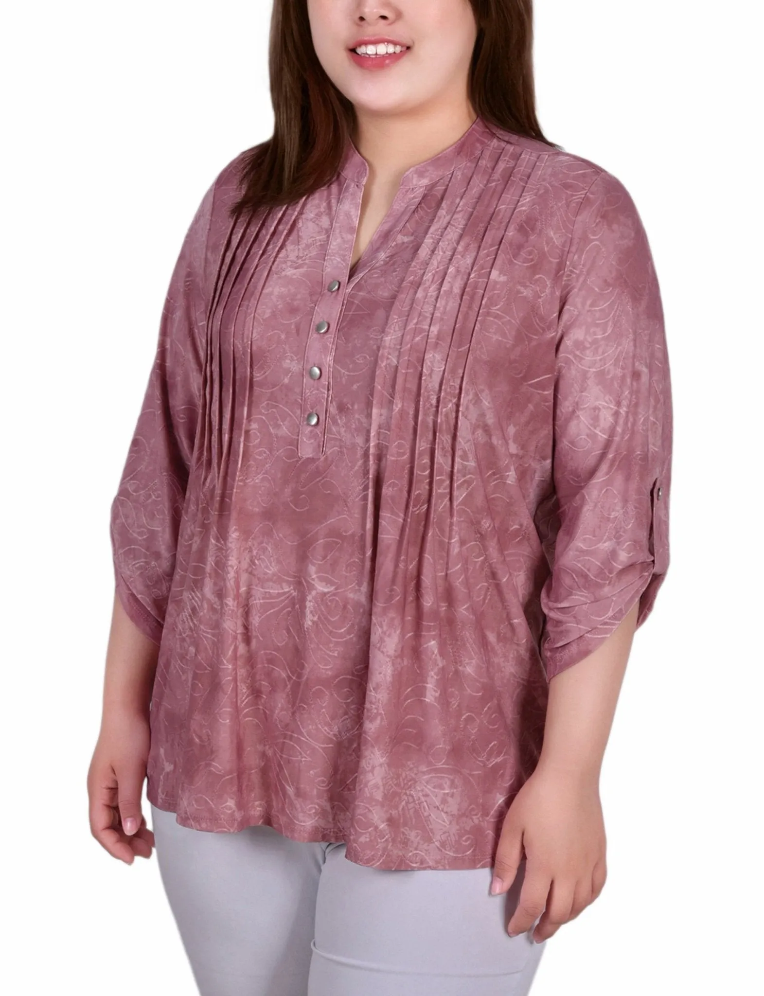 Mauve Tie Dye 3/4 Sleeve Roll Tab Y Neck Top - Plus sold by Dress Barn