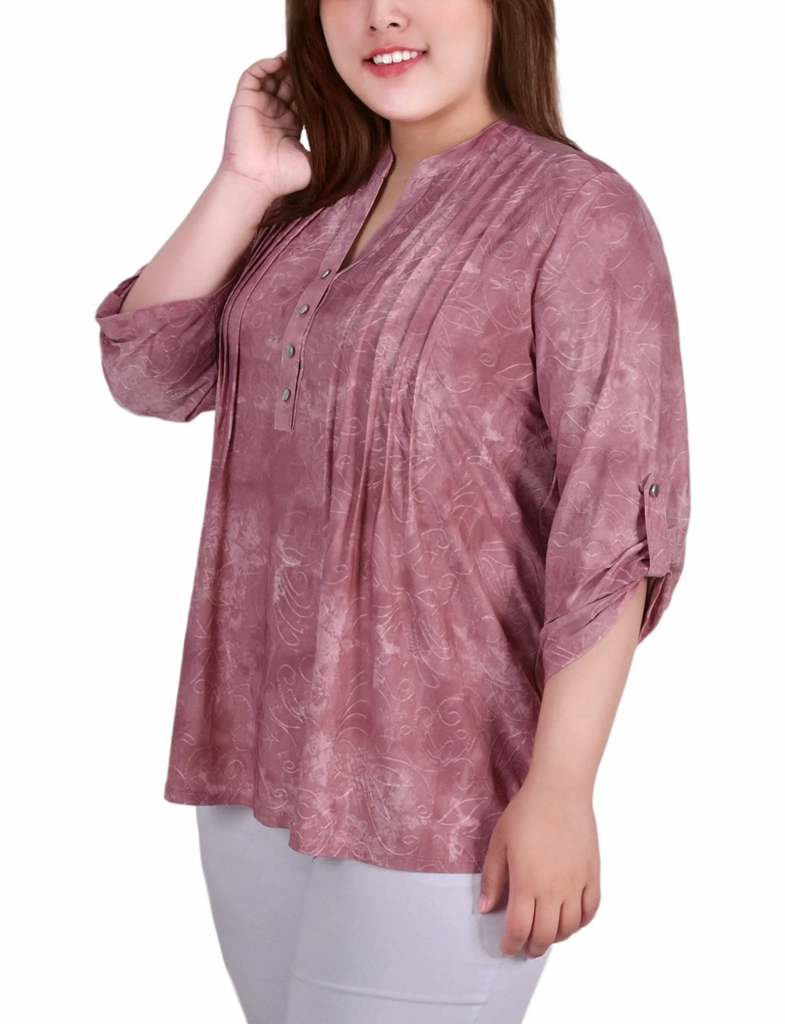 Mauve Tie Dye 3/4 Sleeve Roll Tab Y Neck Top - Plus sold by Dress Barn product image thumbnail 2