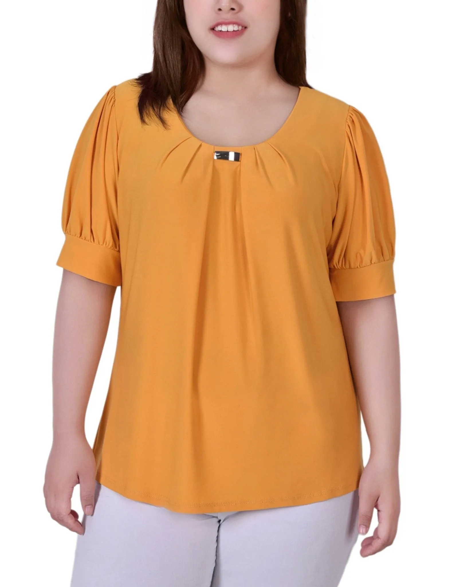 Samoan Sun Short Sleeve Balloon Sleeve Top With Hardware - Plus sold by Dress Barn