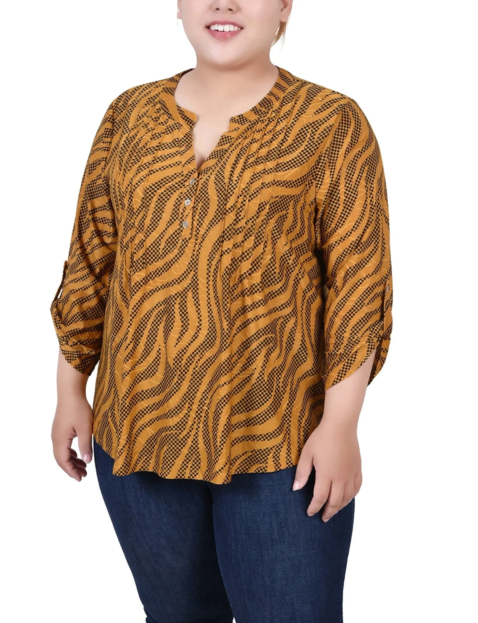 Golden Black Zebra 3/4 Roll Tap Pullover Top - Plus sold by Dress Barn