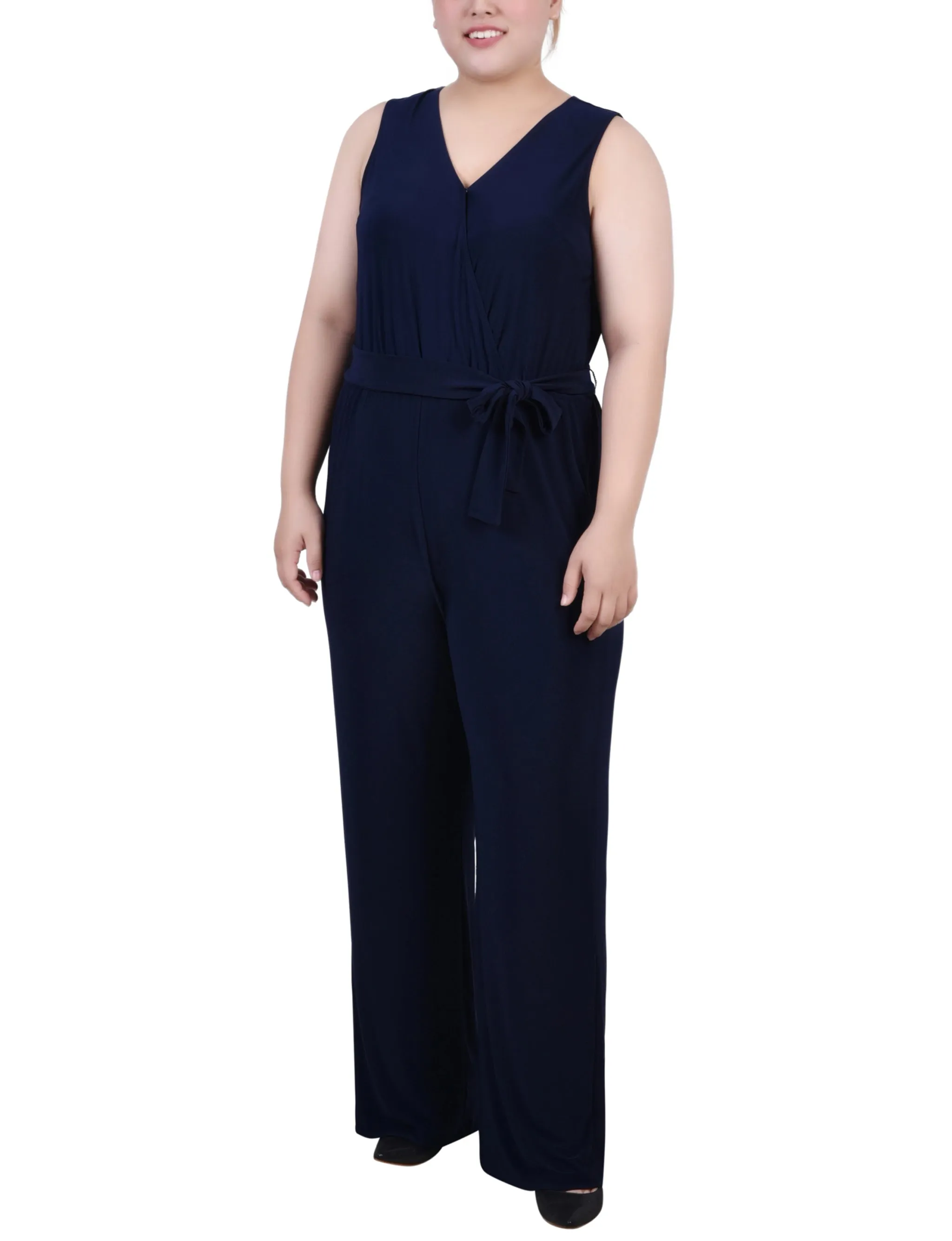 Navy Sleeveless Belted Jumpsuit - Plus sold by Dress Barn