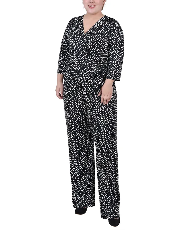 Black Spotted 3/4 Sleeve Belted Jumpsuit - Plus sold by Dress Barn