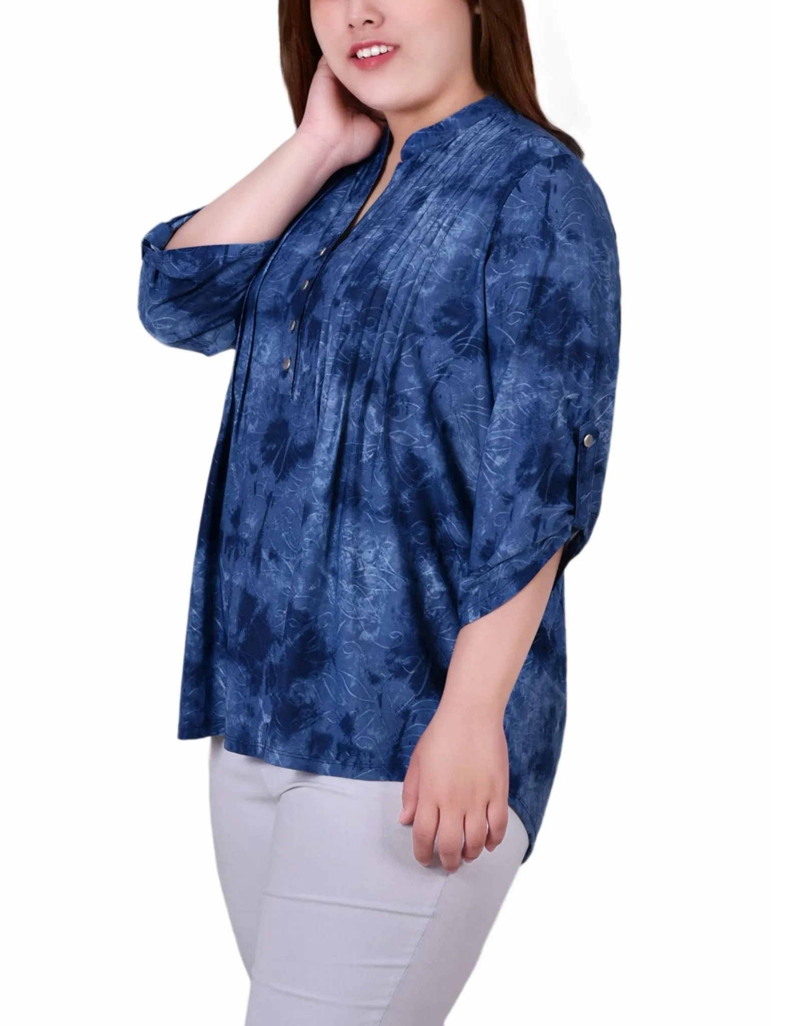 Denim Tie Dye 3/4 Sleeve Roll Tab Y Neck Top - Plus sold by Dress Barn product image thumbnail 2