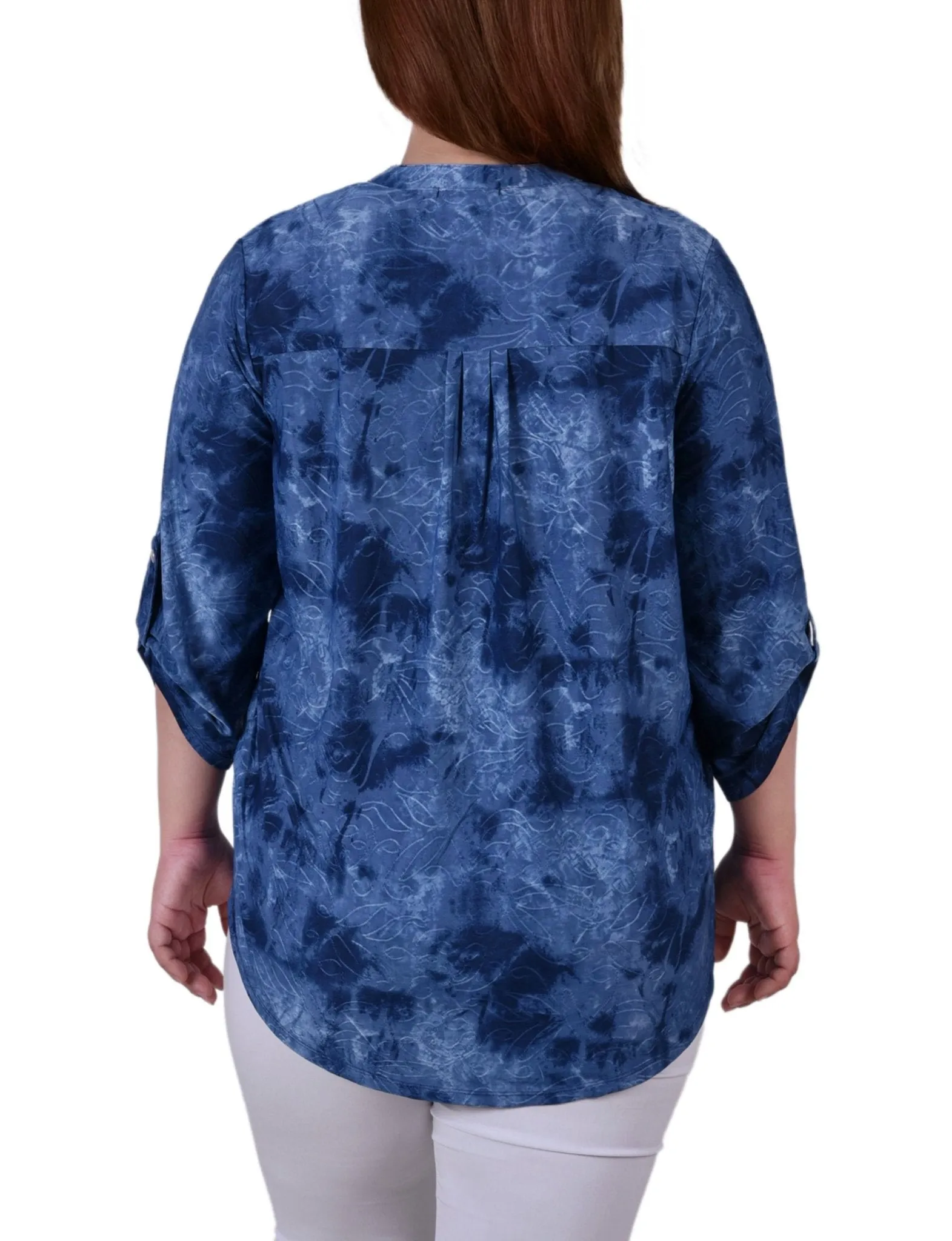 Denim Tie Dye 3/4 Sleeve Roll Tab Y Neck Top - Plus sold by Dress Barn product image thumbnail 4