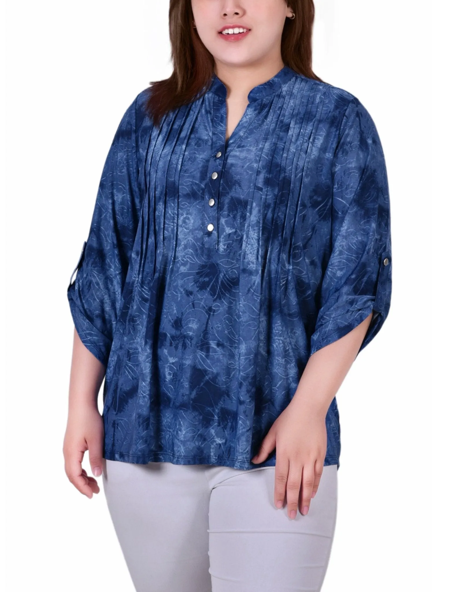 Denim Tie Dye 3/4 Sleeve Roll Tab Y Neck Top - Plus sold by Dress Barn