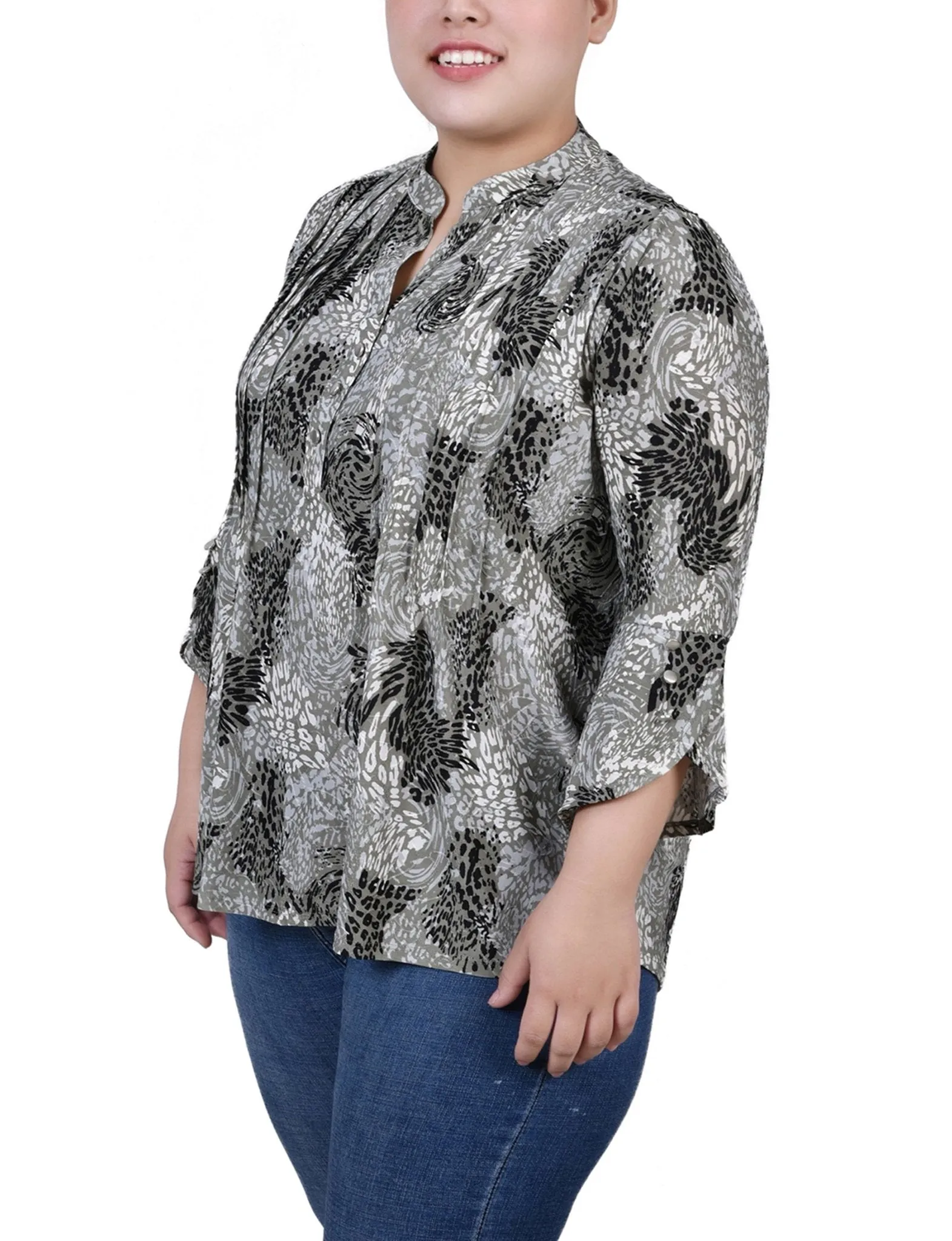 Shadow Black Animal 3/4 Sleeve Overlapped Bell Sleeve Y Neck Top - Plus sold by Dress Barn product image thumbnail 2