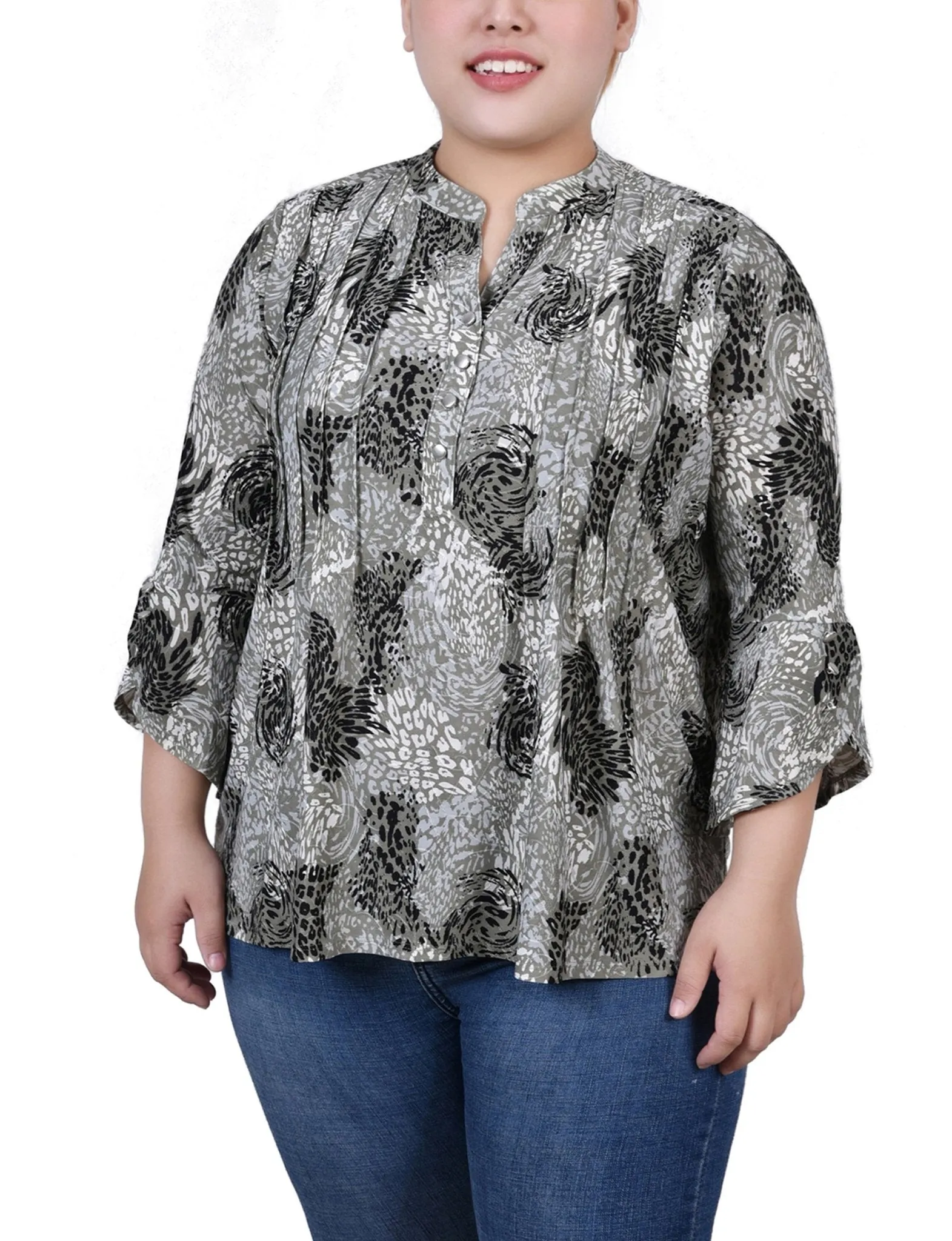 Shadow Black Animal 3/4 Sleeve Overlapped Bell Sleeve Y Neck Top - Plus sold by Dress Barn