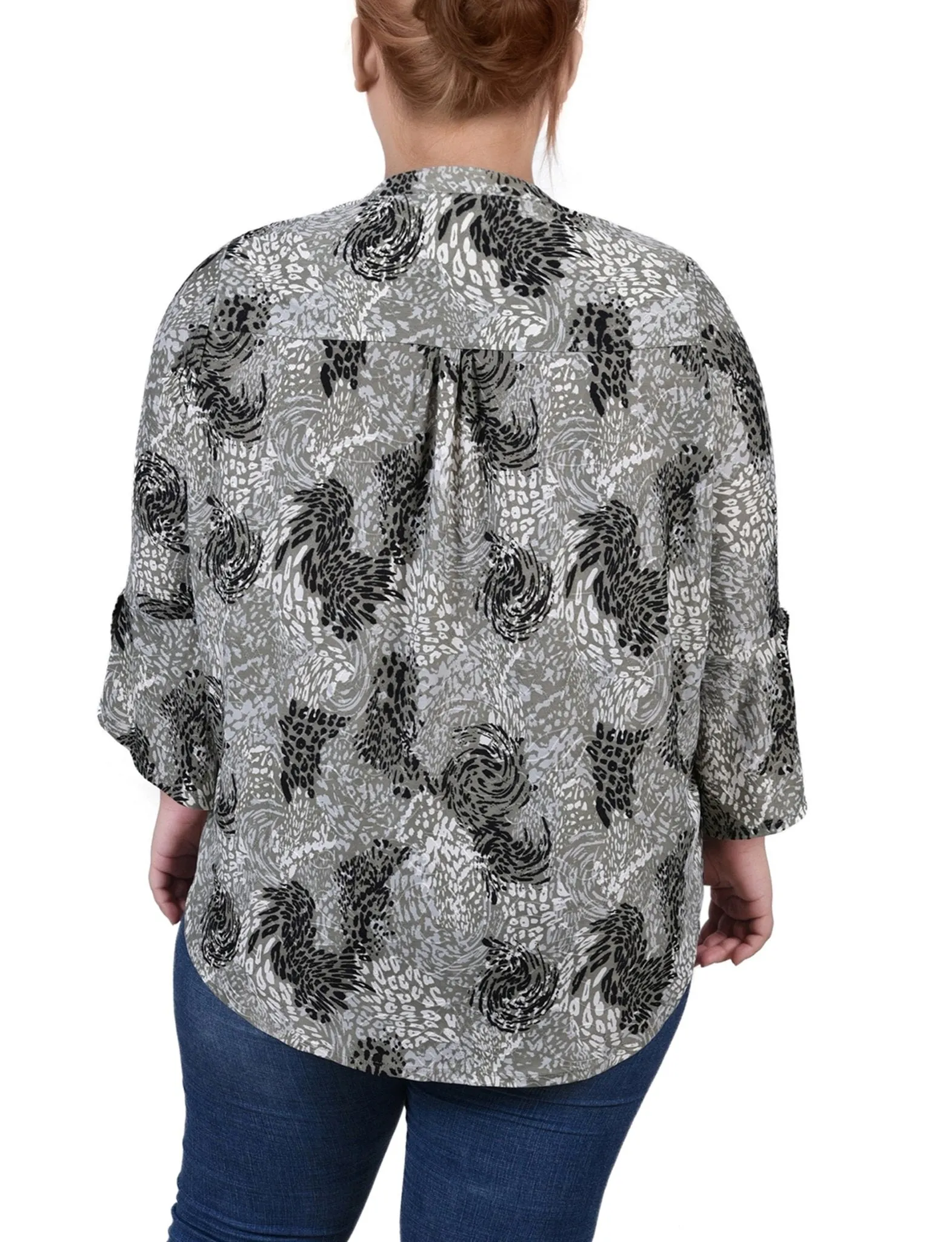Shadow Black Animal 3/4 Sleeve Overlapped Bell Sleeve Y Neck Top - Plus sold by Dress Barn product image thumbnail 4