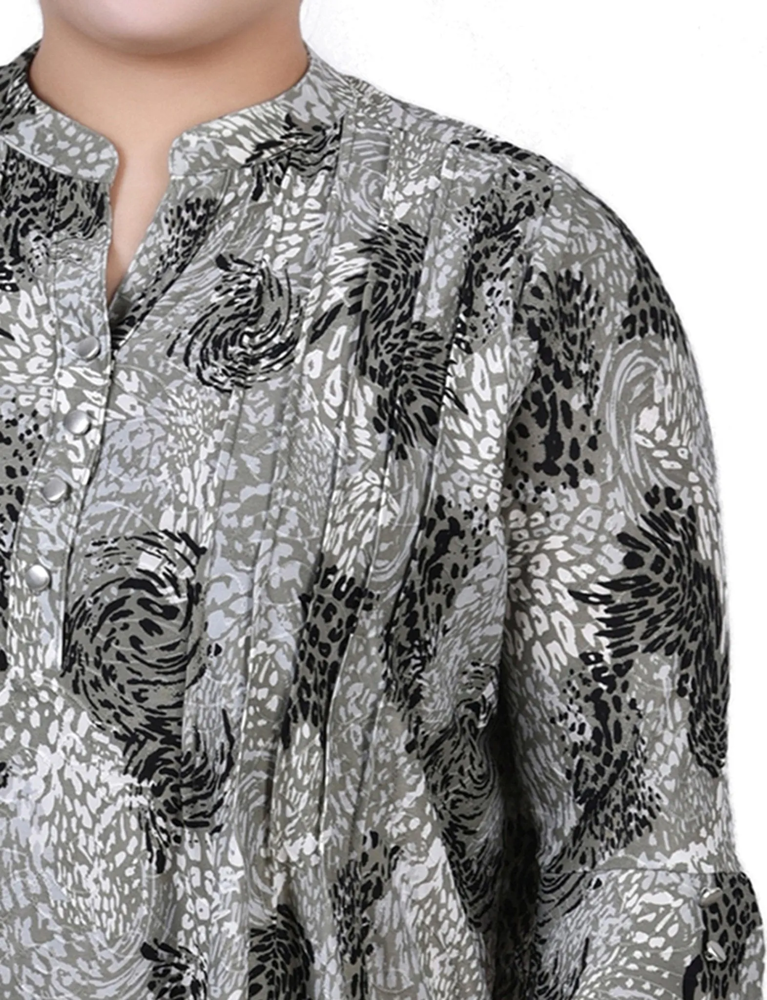 Shadow Black Animal 3/4 Sleeve Overlapped Bell Sleeve Y Neck Top - Plus sold by Dress Barn product image thumbnail 3