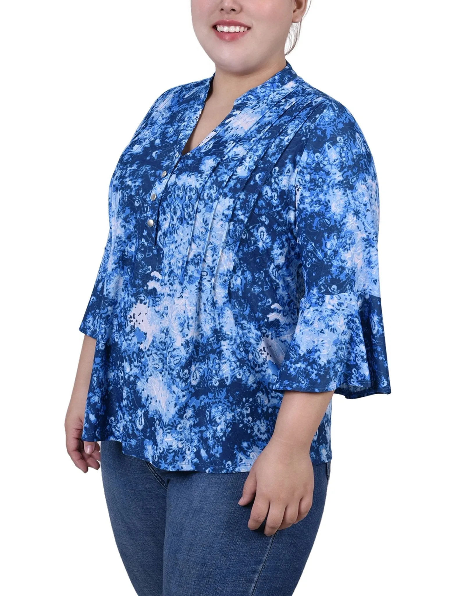 Blue Flower 3/4 Bell Sleeve Pleat Front Y Neck Top - Plus sold by Dress Barn product image thumbnail 2