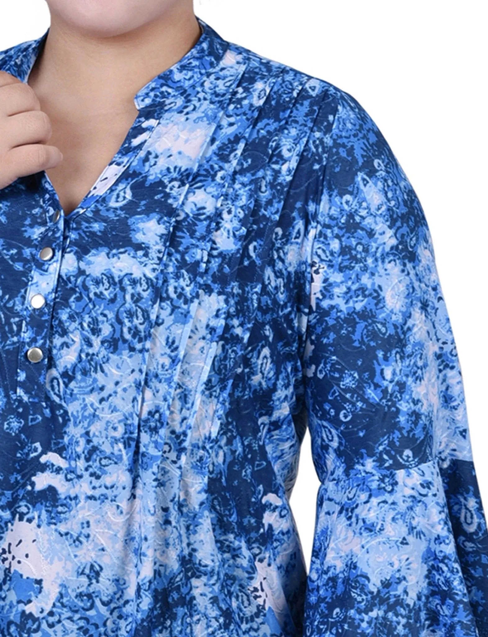 Blue Flower 3/4 Bell Sleeve Pleat Front Y Neck Top - Plus sold by Dress Barn product image thumbnail 3