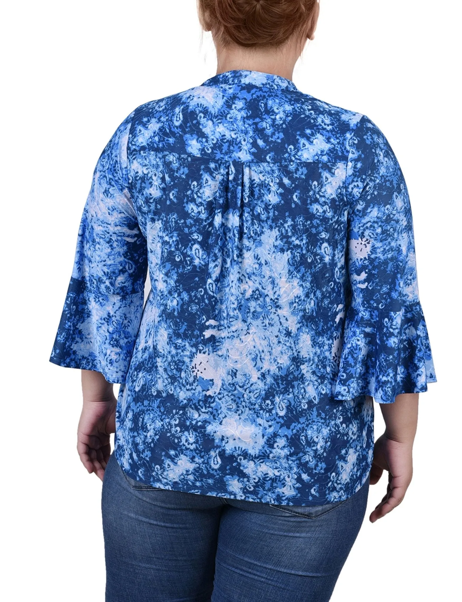 Blue Flower 3/4 Bell Sleeve Pleat Front Y Neck Top - Plus sold by Dress Barn product image thumbnail 4