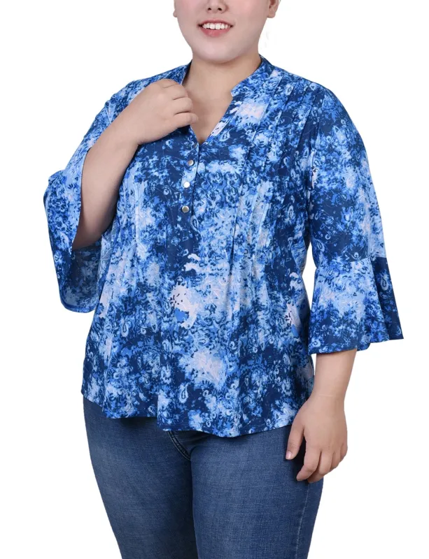 Blue Flower 3/4 Bell Sleeve Pleat Front Y Neck Top - Plus sold by Dress Barn
