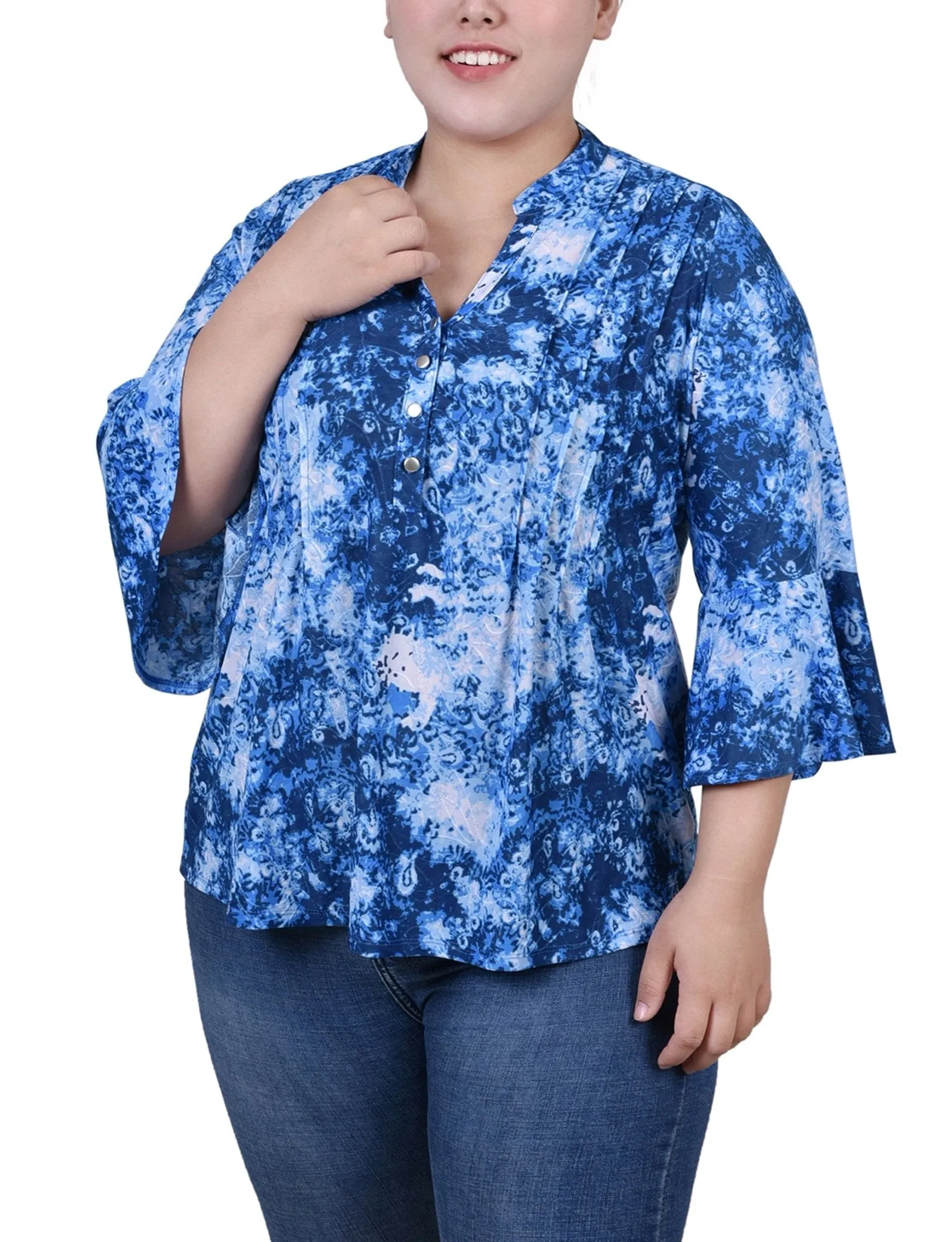 Blue Flower 3/4 Bell Sleeve Pleat Front Y Neck Top - Plus sold by Dress Barn