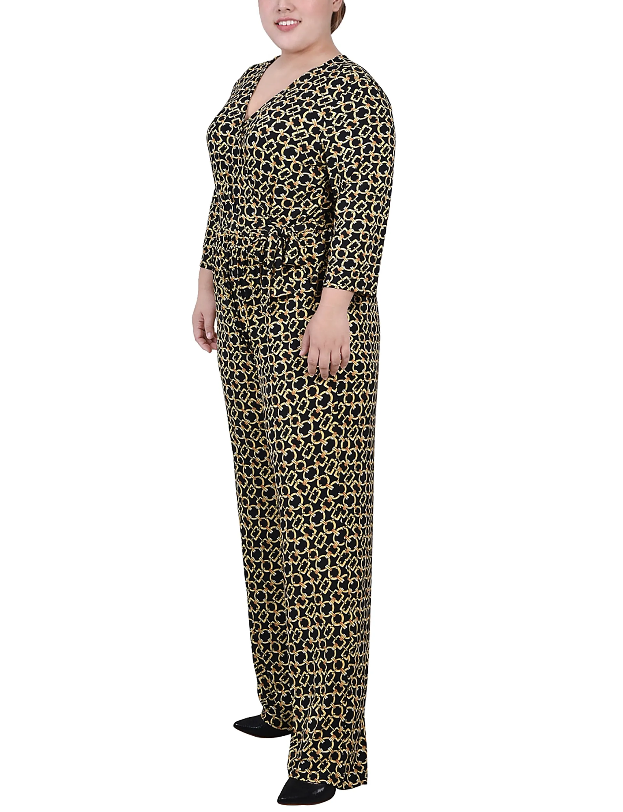 Gold Chain Link 3/4 Sleeve Belted Jumpsuit - Plus sold by Dress Barn product image thumbnail 2