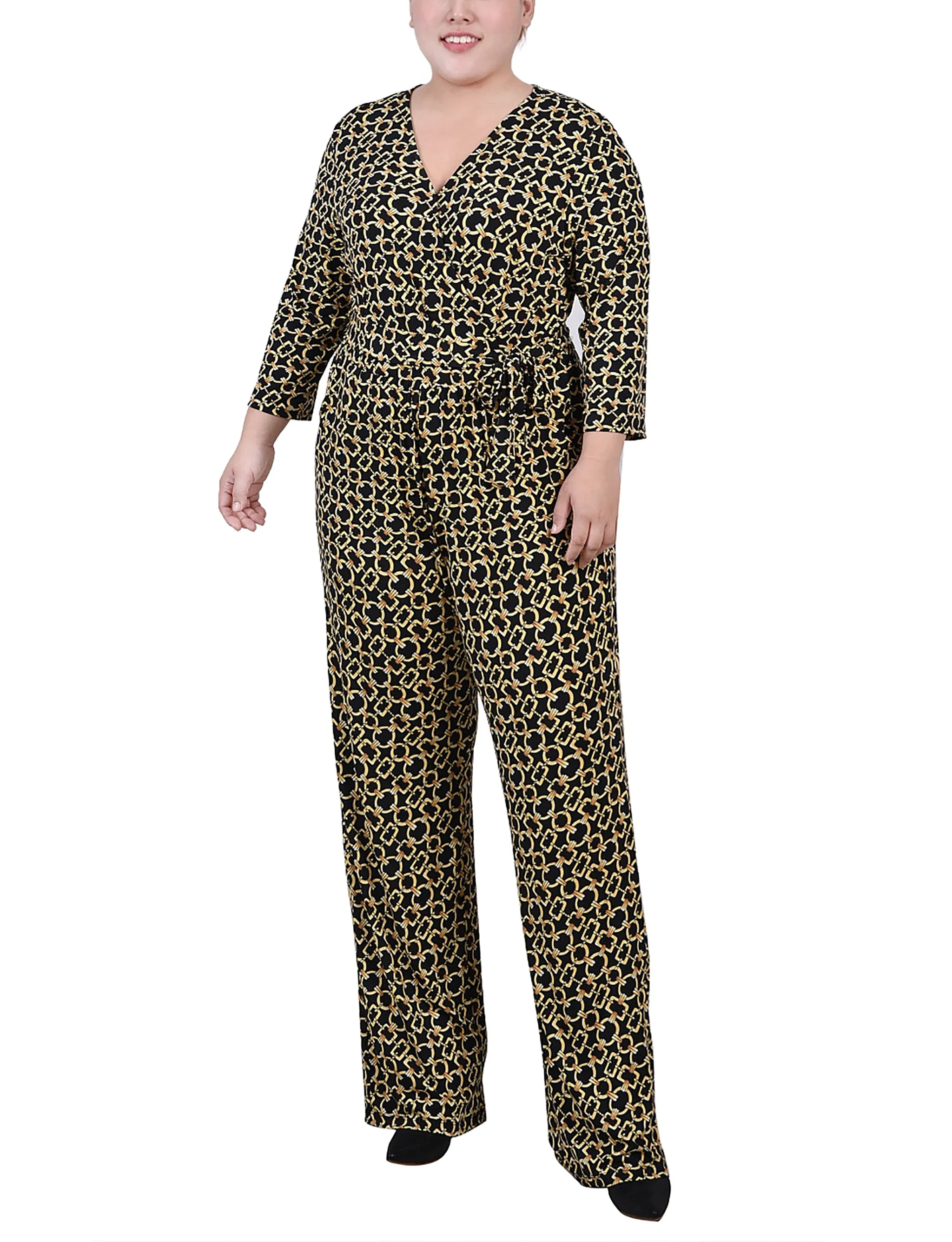 Gold Chain Link 3/4 Sleeve Belted Jumpsuit - Plus sold by Dress Barn