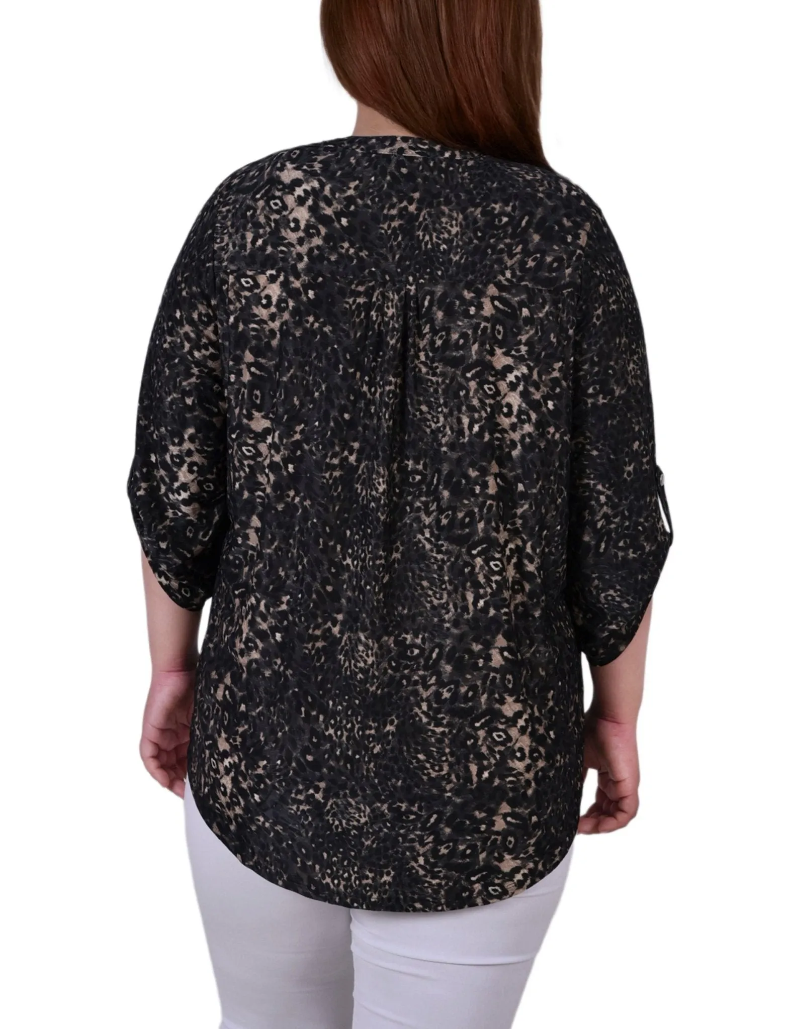 Khaki Animal 3/4 Sleeve Roll Tab Y Neck Top - Plus sold by Dress Barn product image thumbnail 4