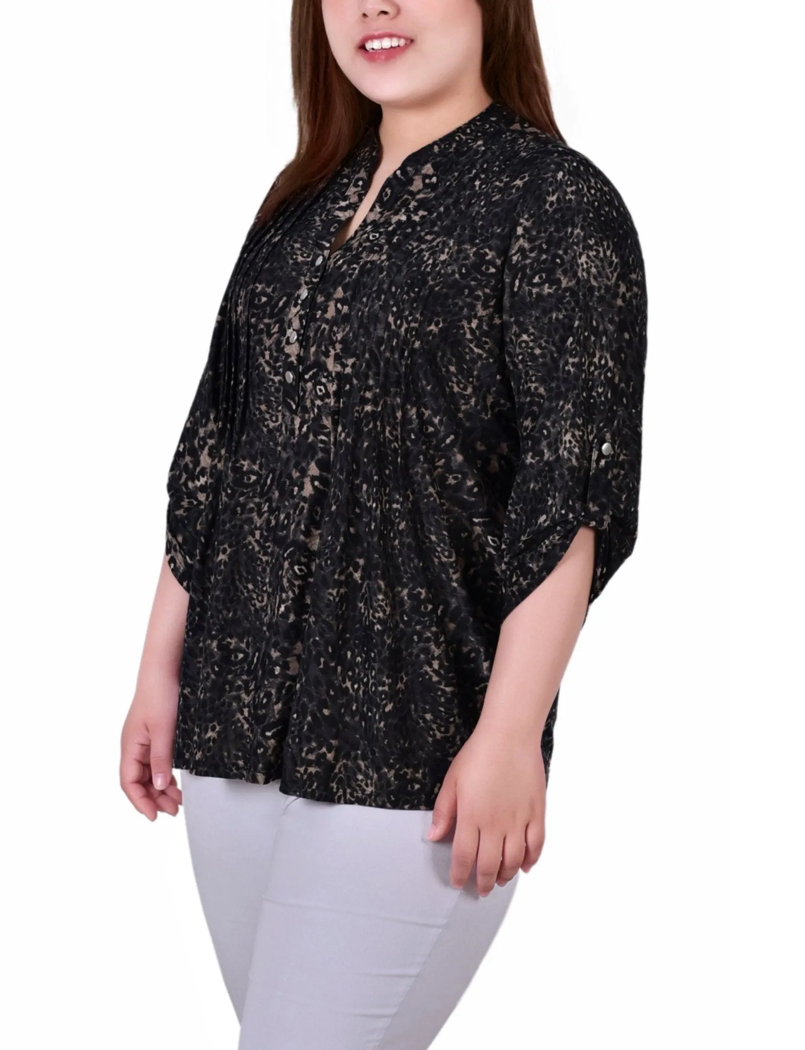 Khaki Animal 3/4 Sleeve Roll Tab Y Neck Top - Plus sold by Dress Barn product image thumbnail 2