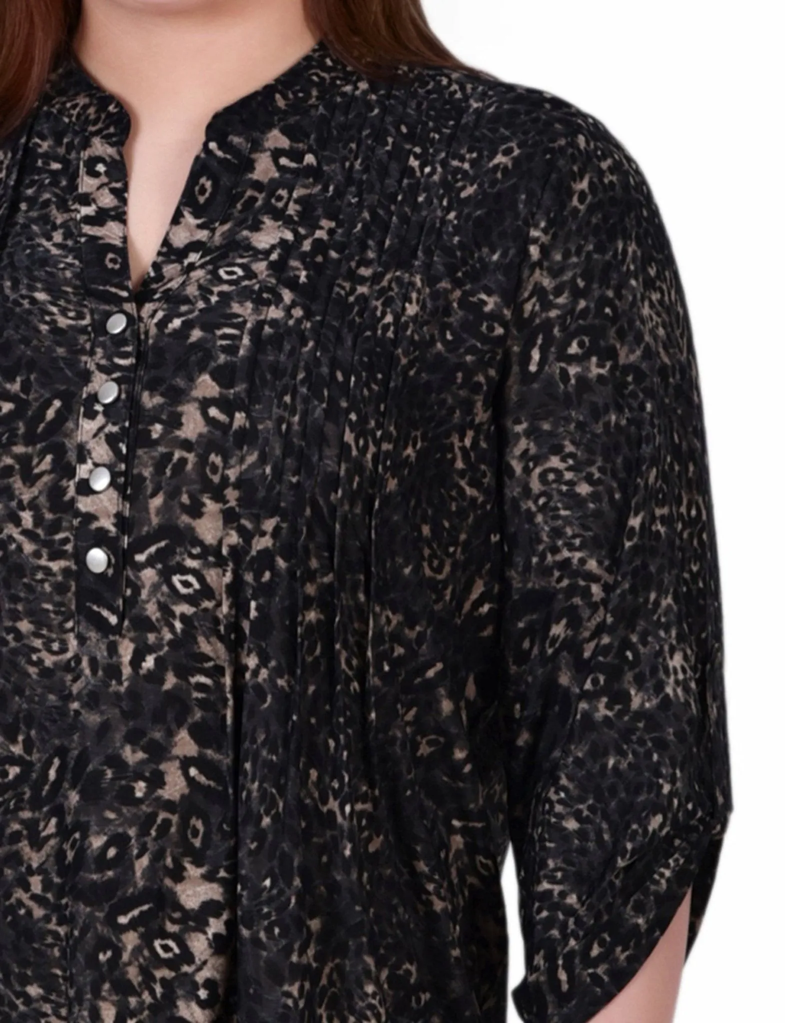 Khaki Animal 3/4 Sleeve Roll Tab Y Neck Top - Plus sold by Dress Barn product image thumbnail 3