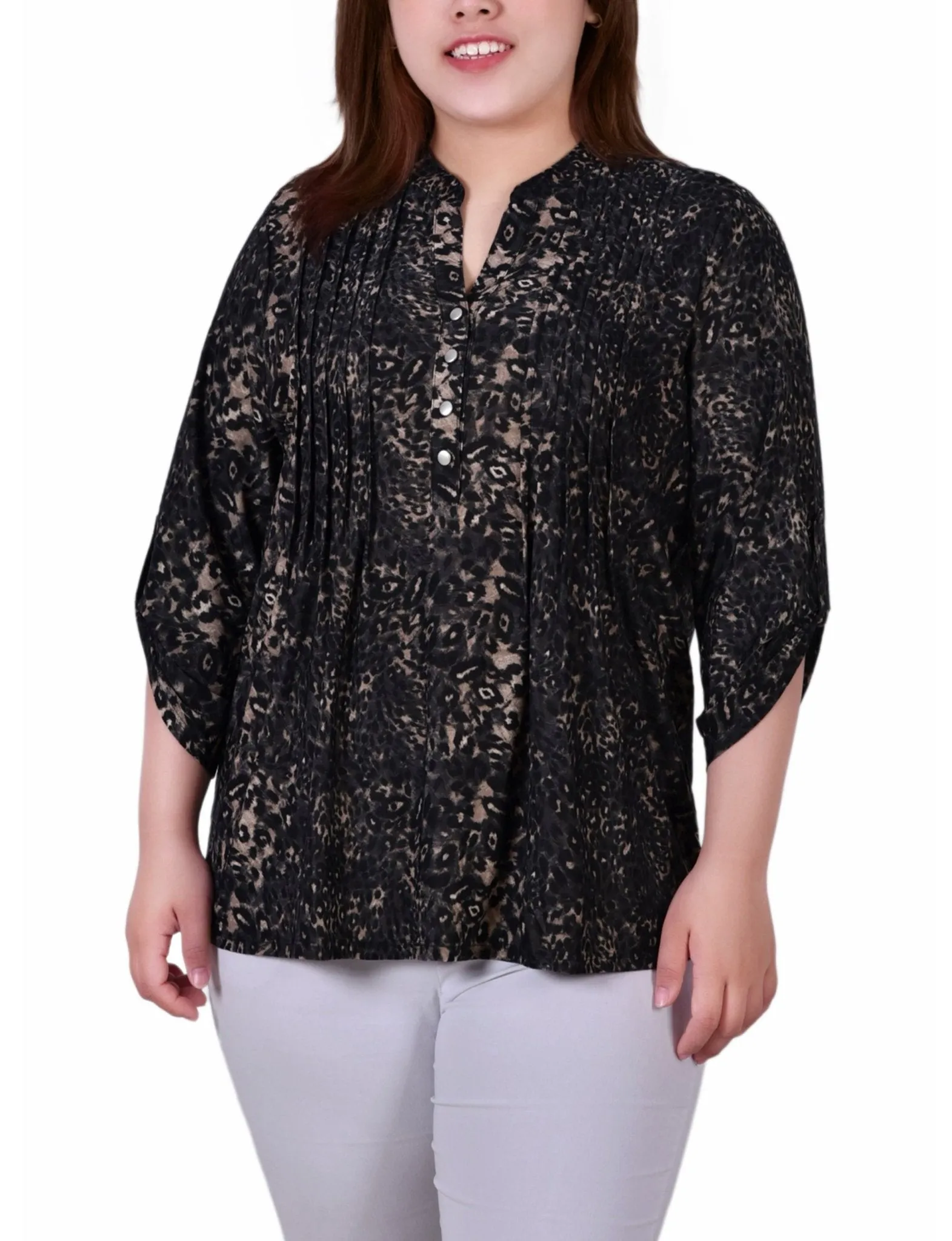 Khaki Animal 3/4 Sleeve Roll Tab Y Neck Top - Plus sold by Dress Barn