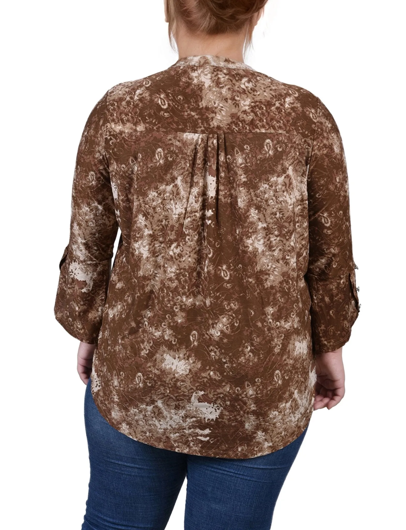 Taupe Geobreeze 3/4 Sleeve Overlapped Bell Sleeve Y Neck Top - Plus sold by Dress Barn product image thumbnail 4