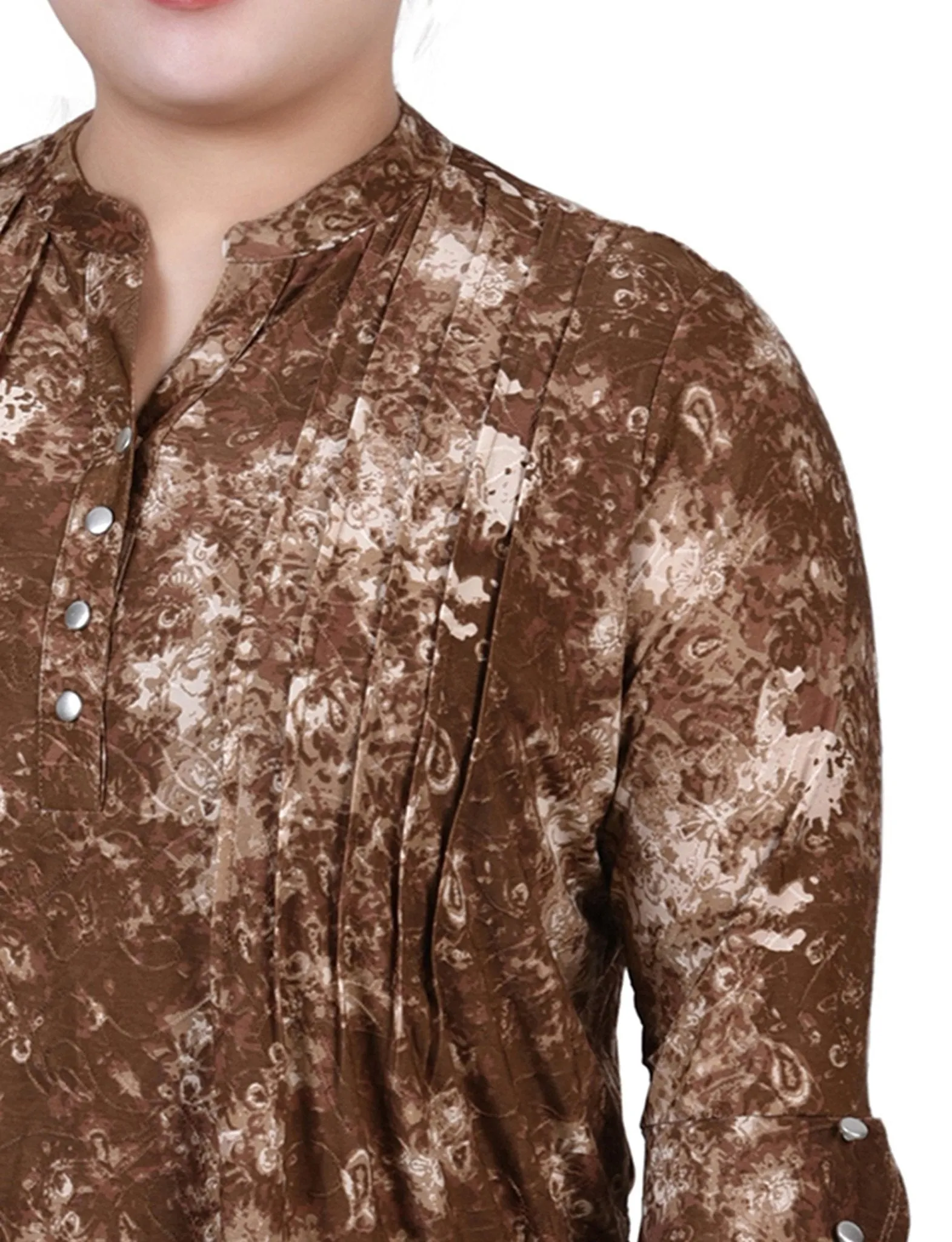 Taupe Geobreeze 3/4 Sleeve Overlapped Bell Sleeve Y Neck Top - Plus sold by Dress Barn product image thumbnail 3