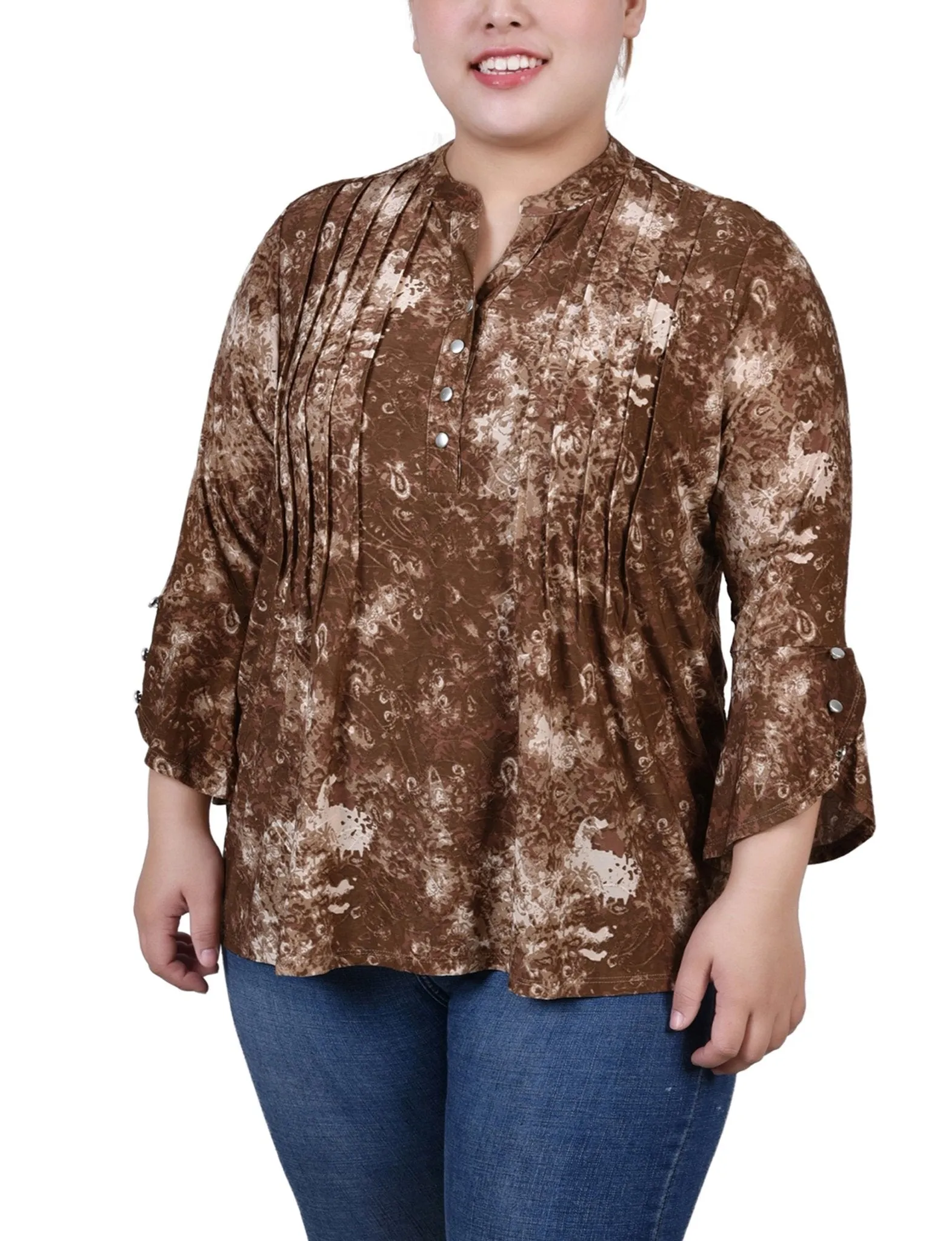 Taupe Geobreeze 3/4 Sleeve Overlapped Bell Sleeve Y Neck Top - Plus sold by Dress Barn