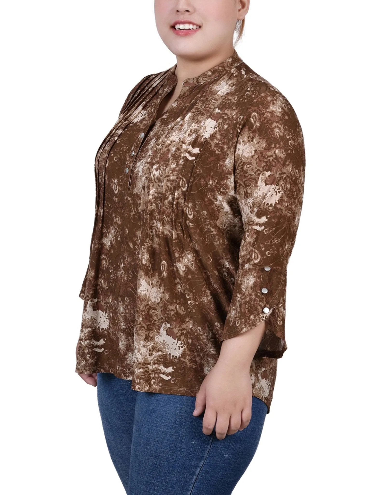 Taupe Geobreeze 3/4 Sleeve Overlapped Bell Sleeve Y Neck Top - Plus sold by Dress Barn product image thumbnail 2