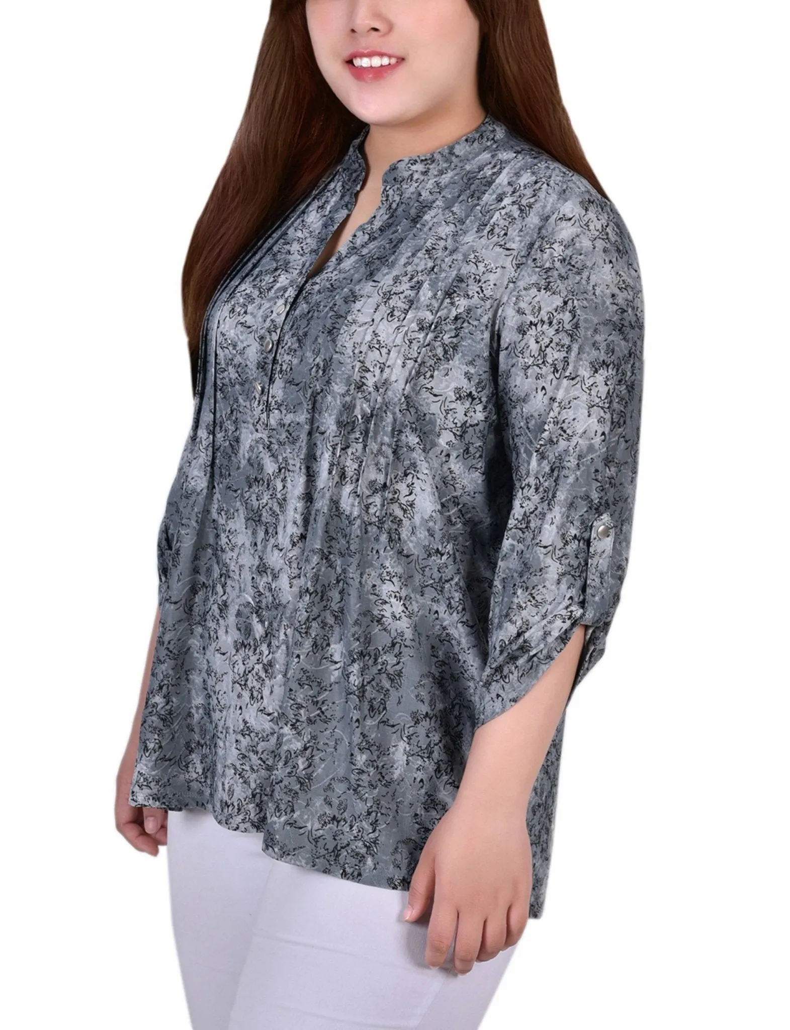 Grey Floral 3/4 Sleeve Roll Tab Y Neck Top - Plus sold by Dress Barn product image thumbnail 2