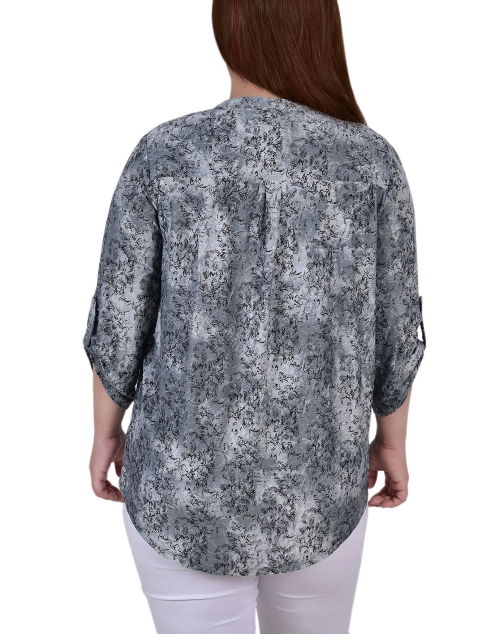 Grey Floral 3/4 Sleeve Roll Tab Y Neck Top - Plus sold by Dress Barn product image thumbnail 4