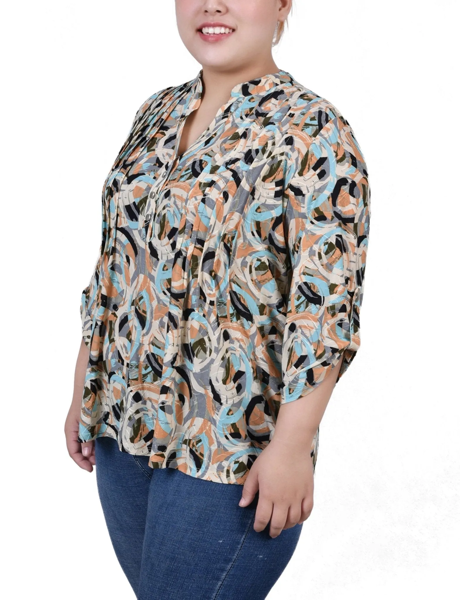 Multi Abstract 3/4 Sleeve Roll Tab Y Neck Top - Plus sold by Dress Barn product image thumbnail 2
