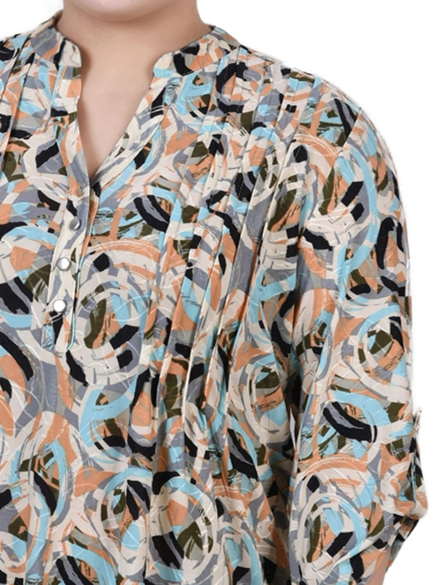 Multi Abstract 3/4 Sleeve Roll Tab Y Neck Top - Plus sold by Dress Barn product image thumbnail 3