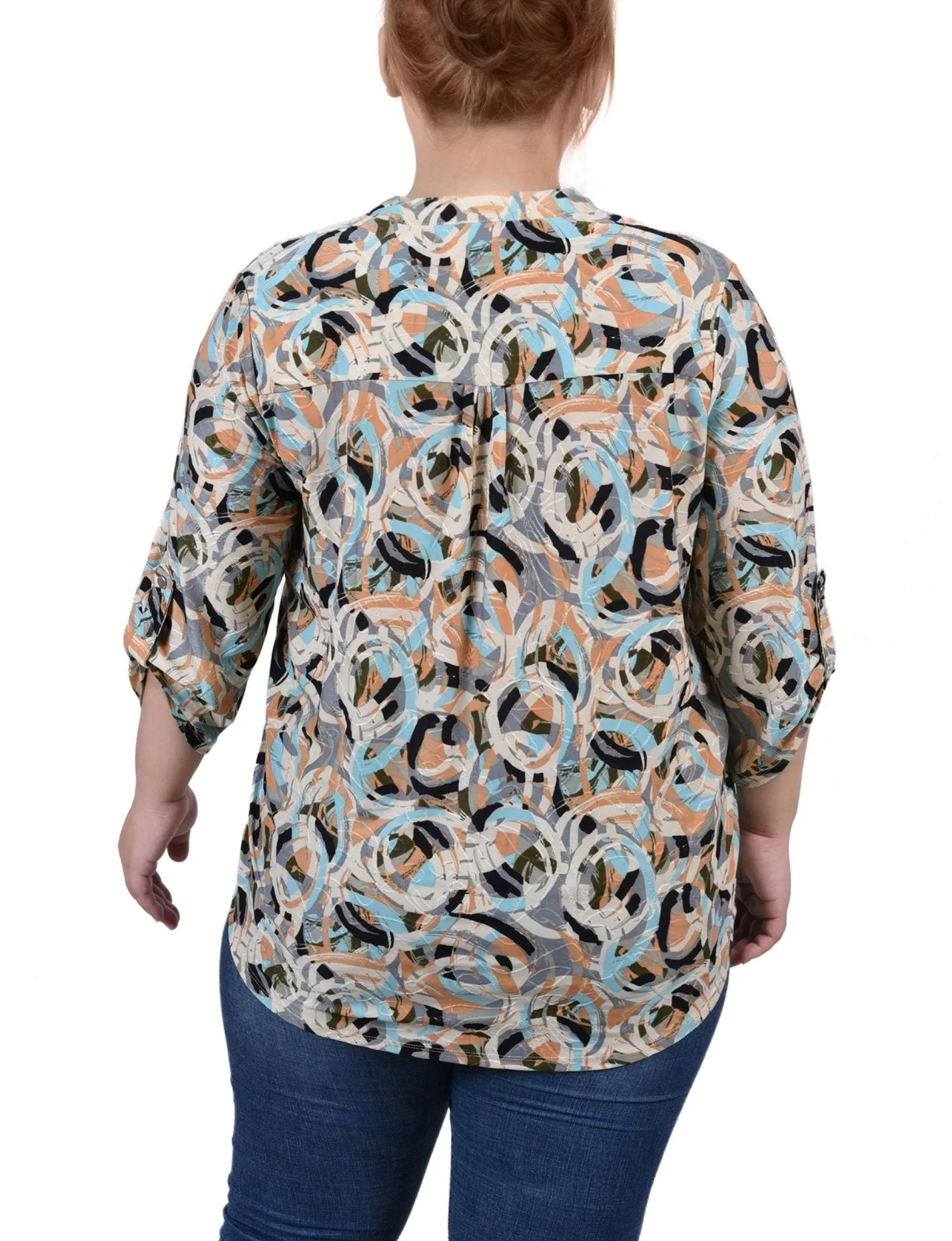 Multi Abstract 3/4 Sleeve Roll Tab Y Neck Top - Plus sold by Dress Barn product image thumbnail 4