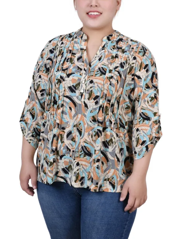 Multi Abstract 3/4 Sleeve Roll Tab Y Neck Top - Plus sold by Dress Barn
