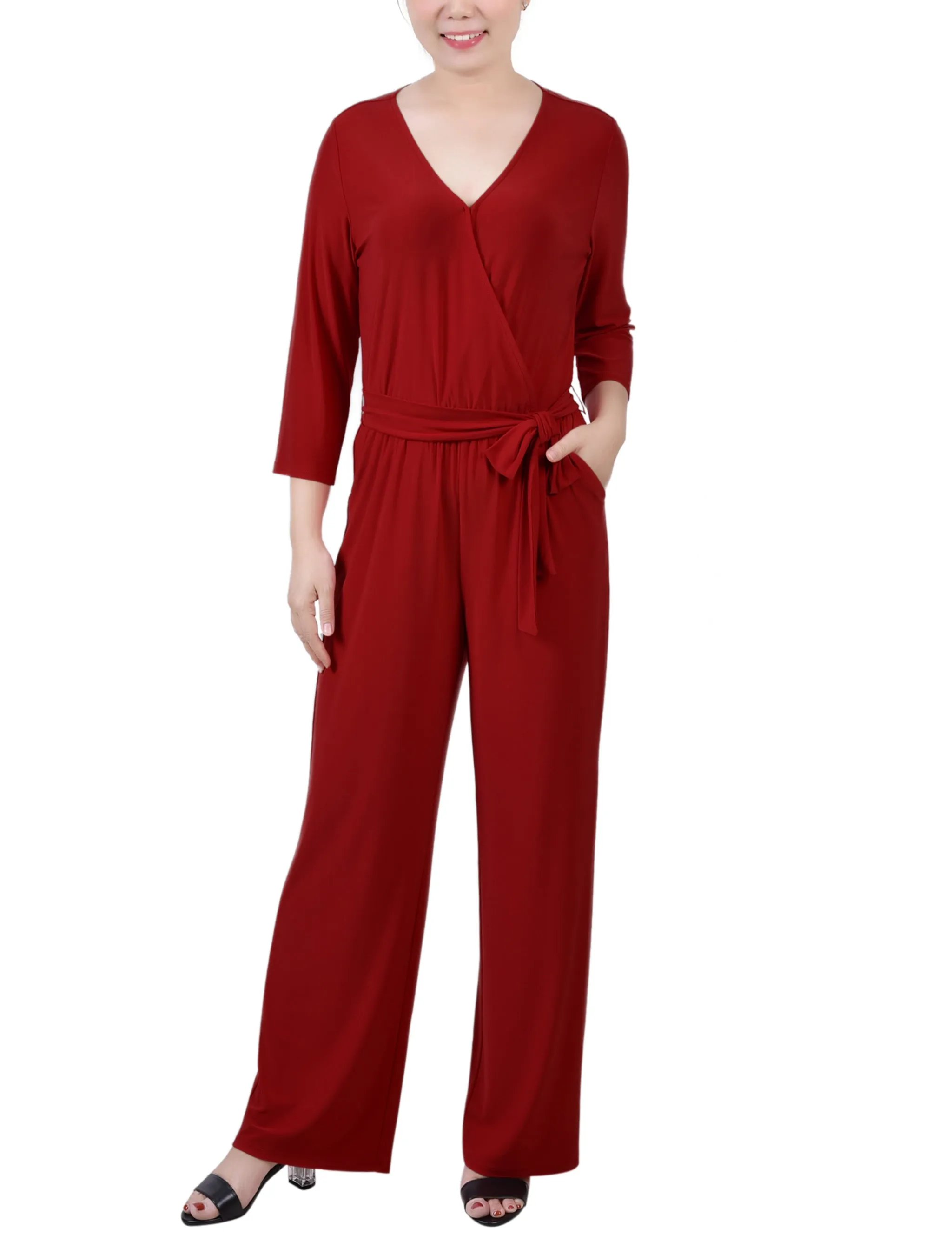 Wine 3/4 Sleeve Belted Jumpsuit - Petite sold by Dress Barn