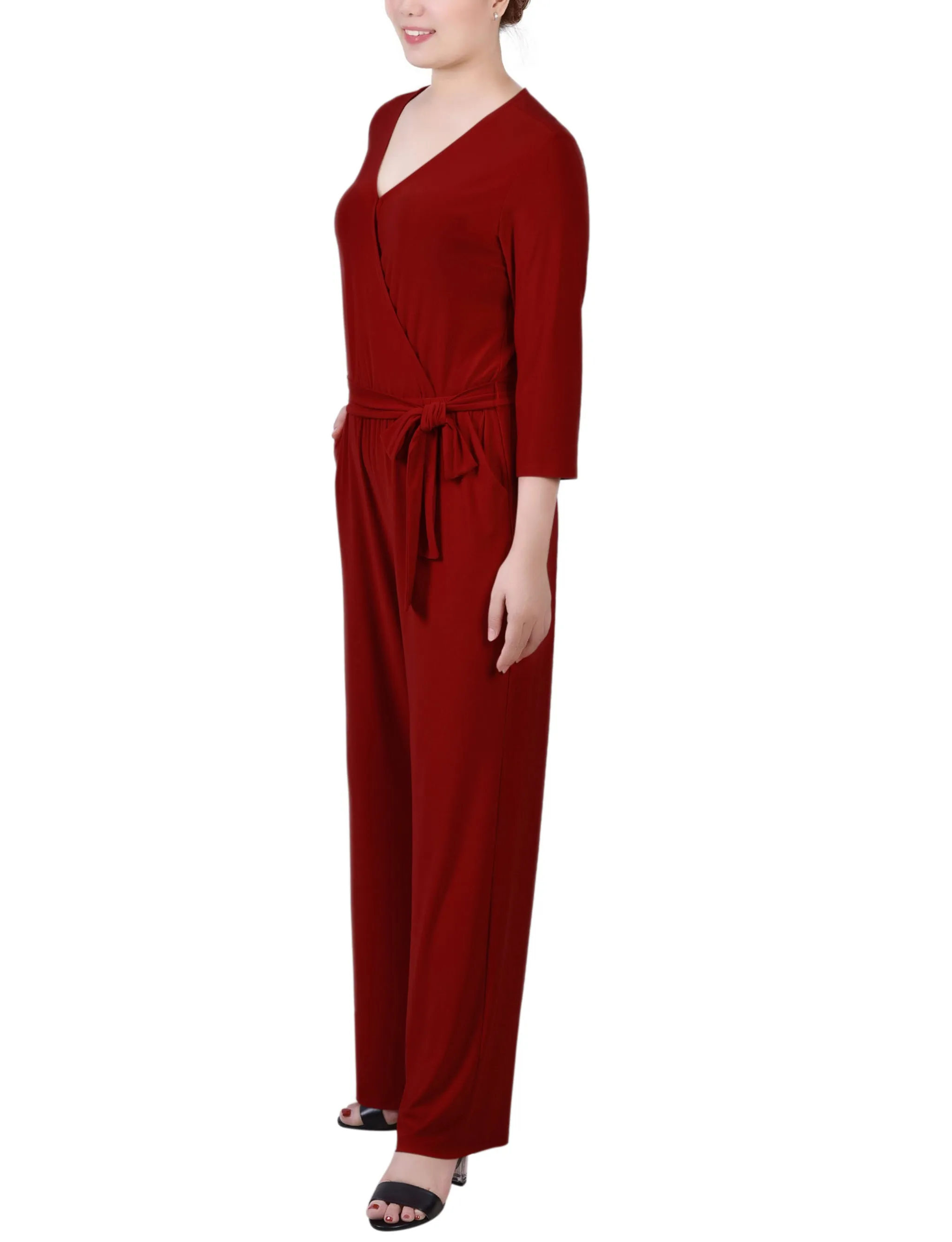 Wine 3/4 Sleeve Belted Jumpsuit - Petite sold by Dress Barn product image thumbnail 2