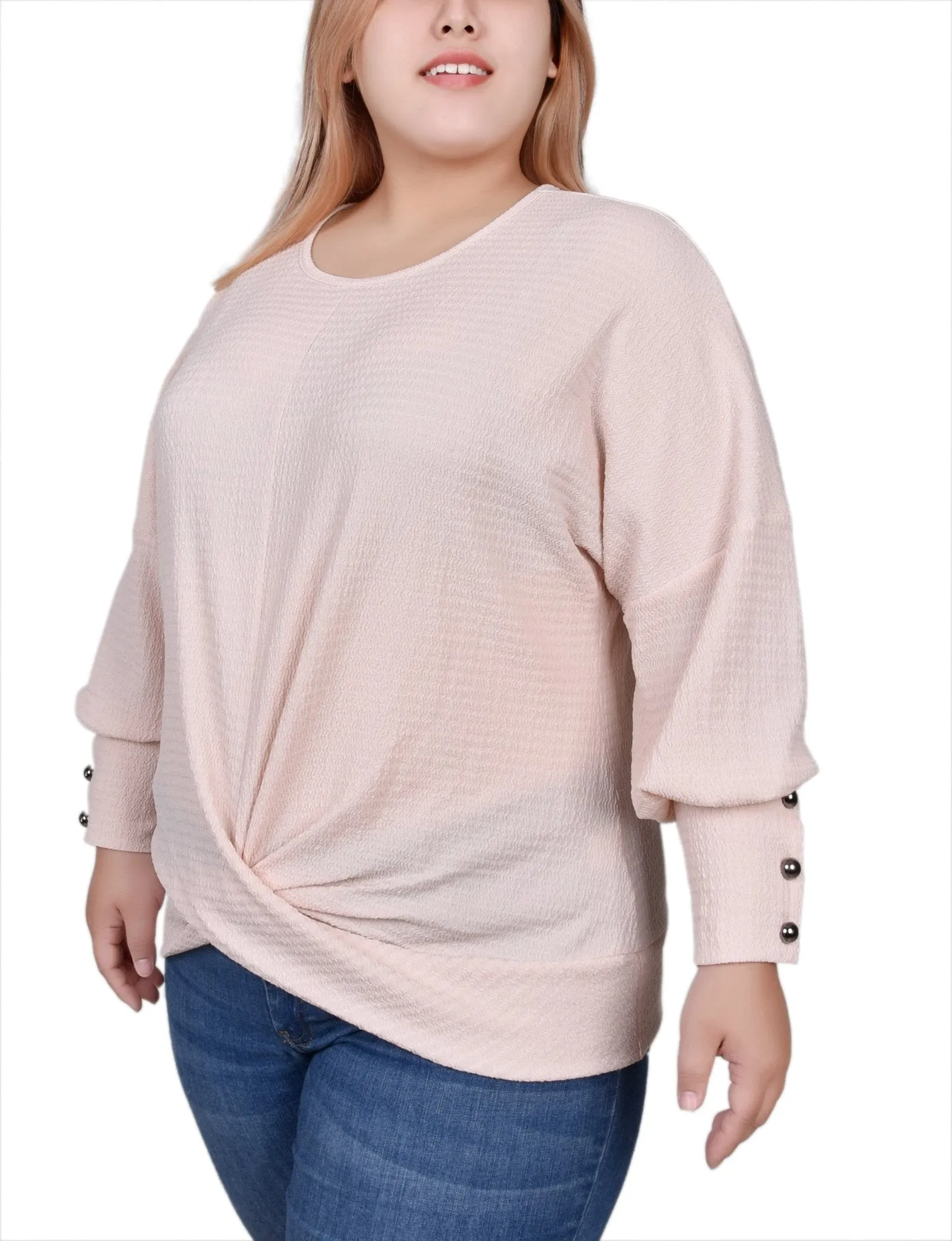 Shell Pink Long Sleeve Textured Knit Top - Plus sold by Dress Barn product image thumbnail 2