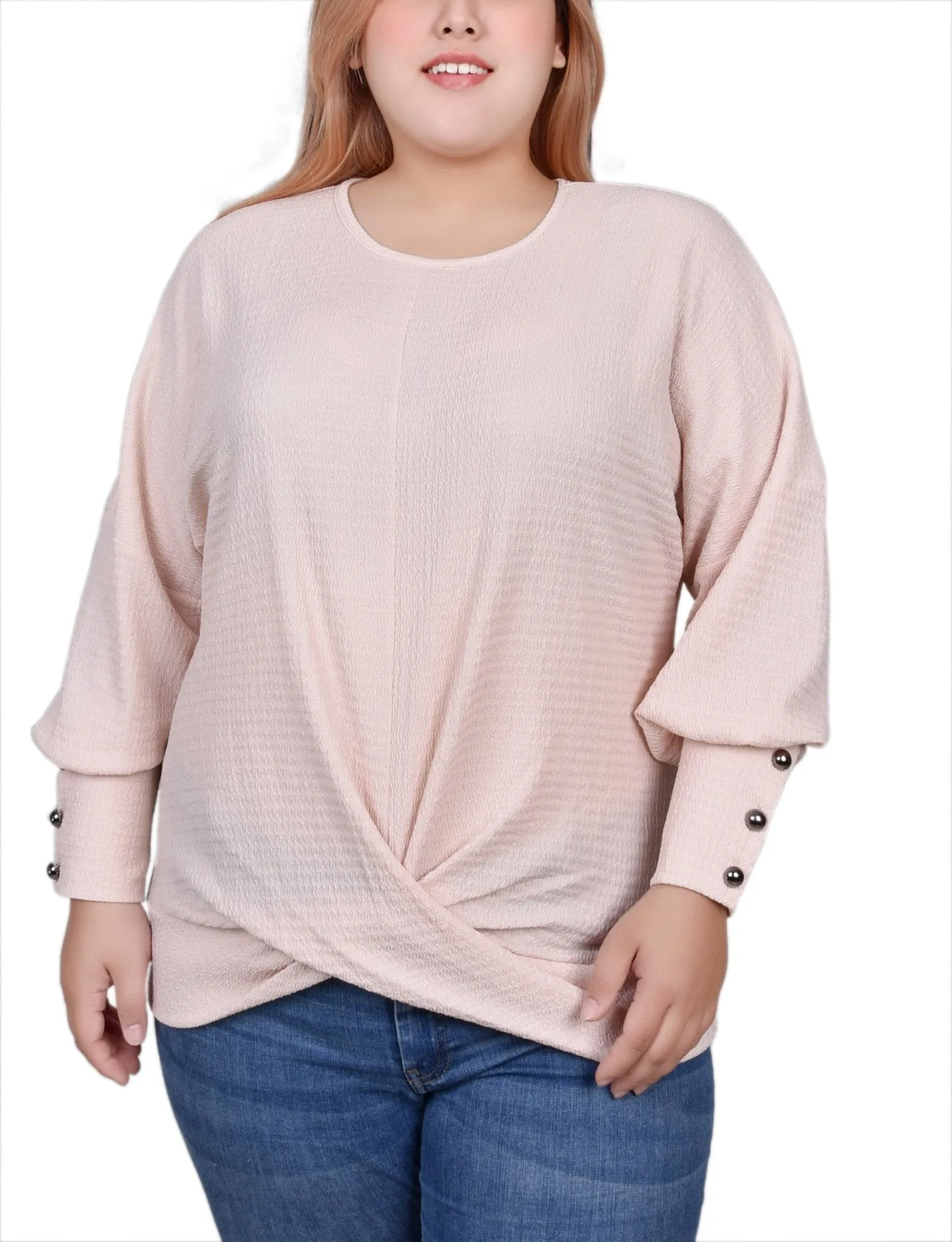 Shell Pink Long Sleeve Textured Knit Top - Plus sold by Dress Barn