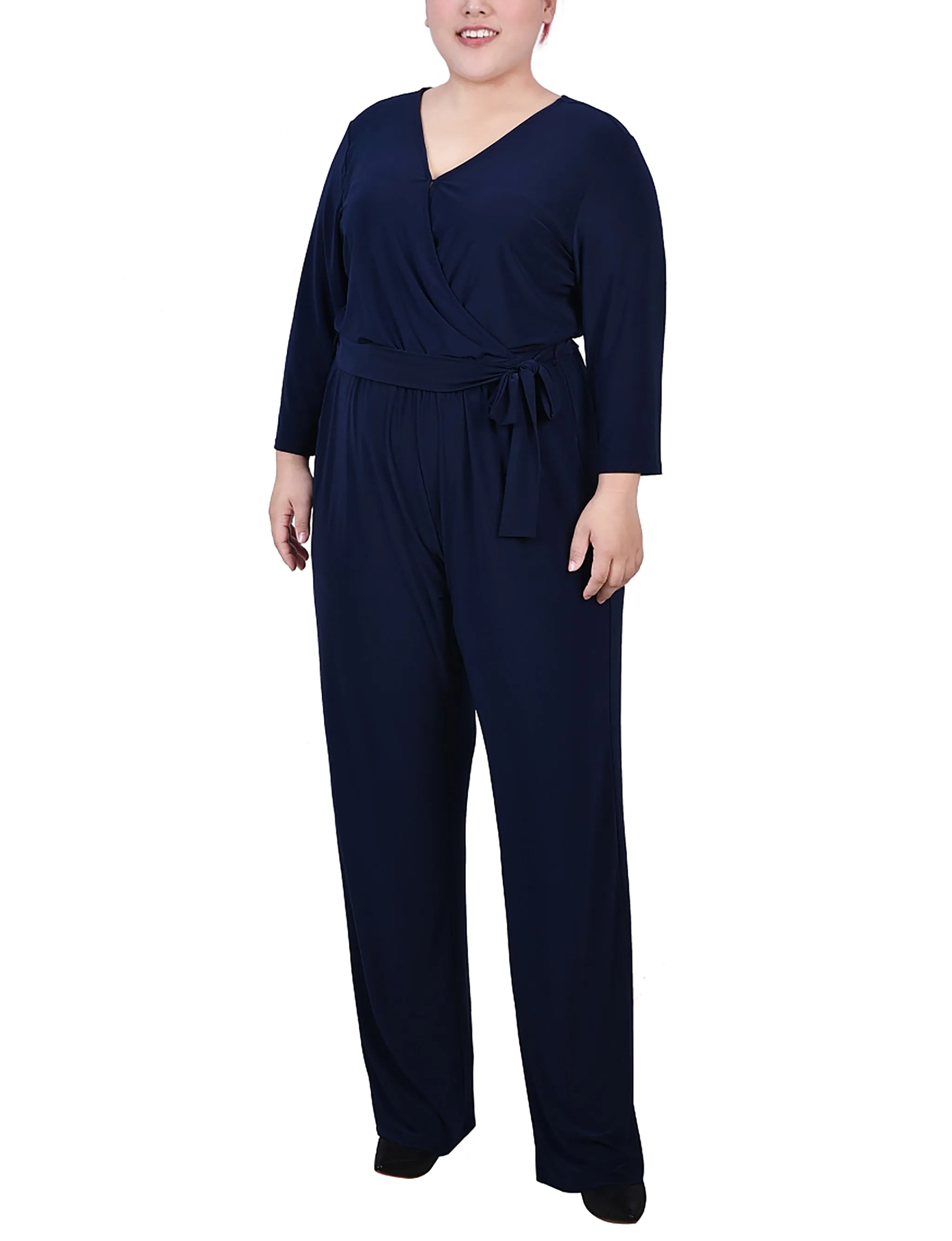 Navy 3/4 Sleeve Belted Jumpsuit - Plus sold by Dress Barn