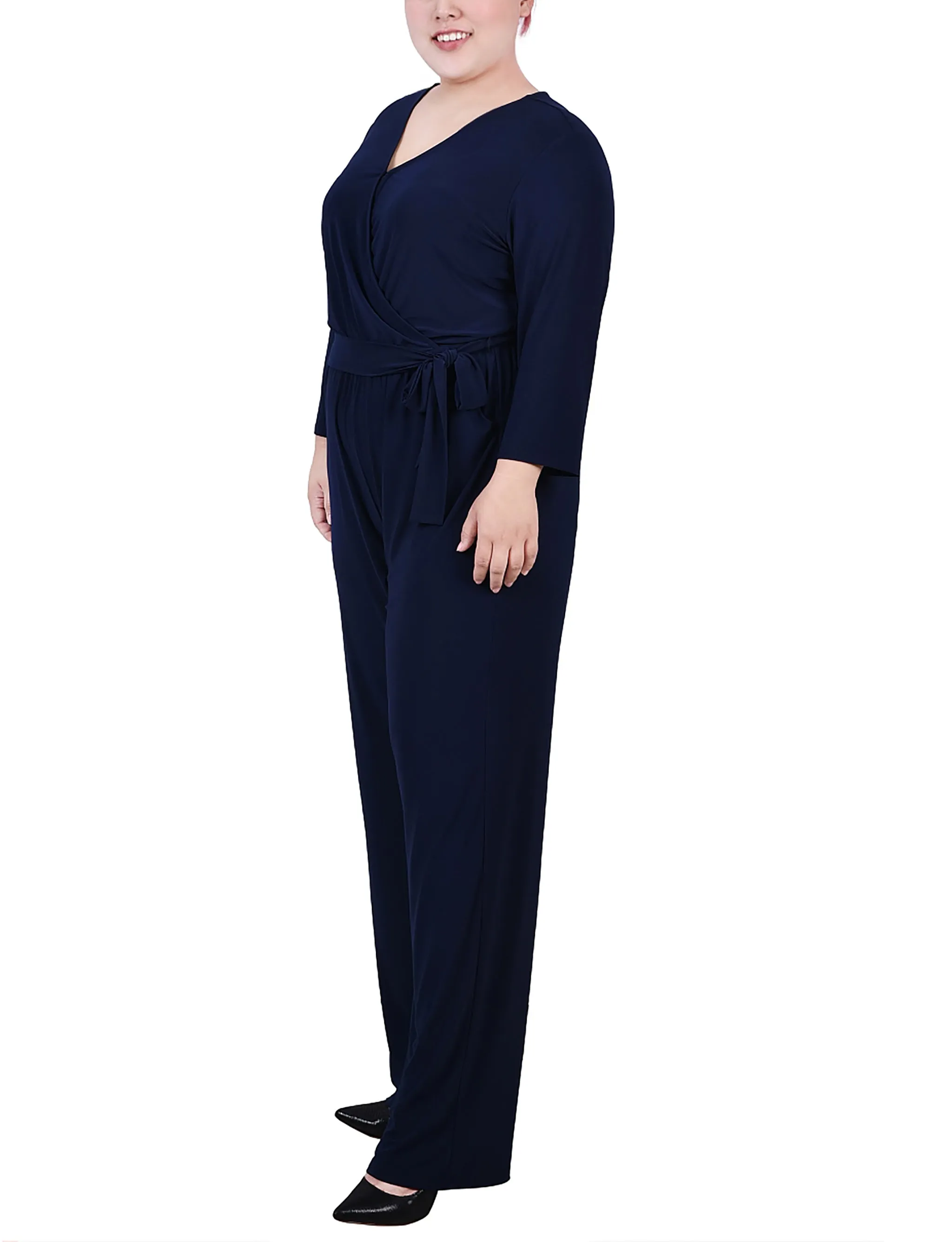 Navy 3/4 Sleeve Belted Jumpsuit - Plus sold by Dress Barn product image thumbnail 2