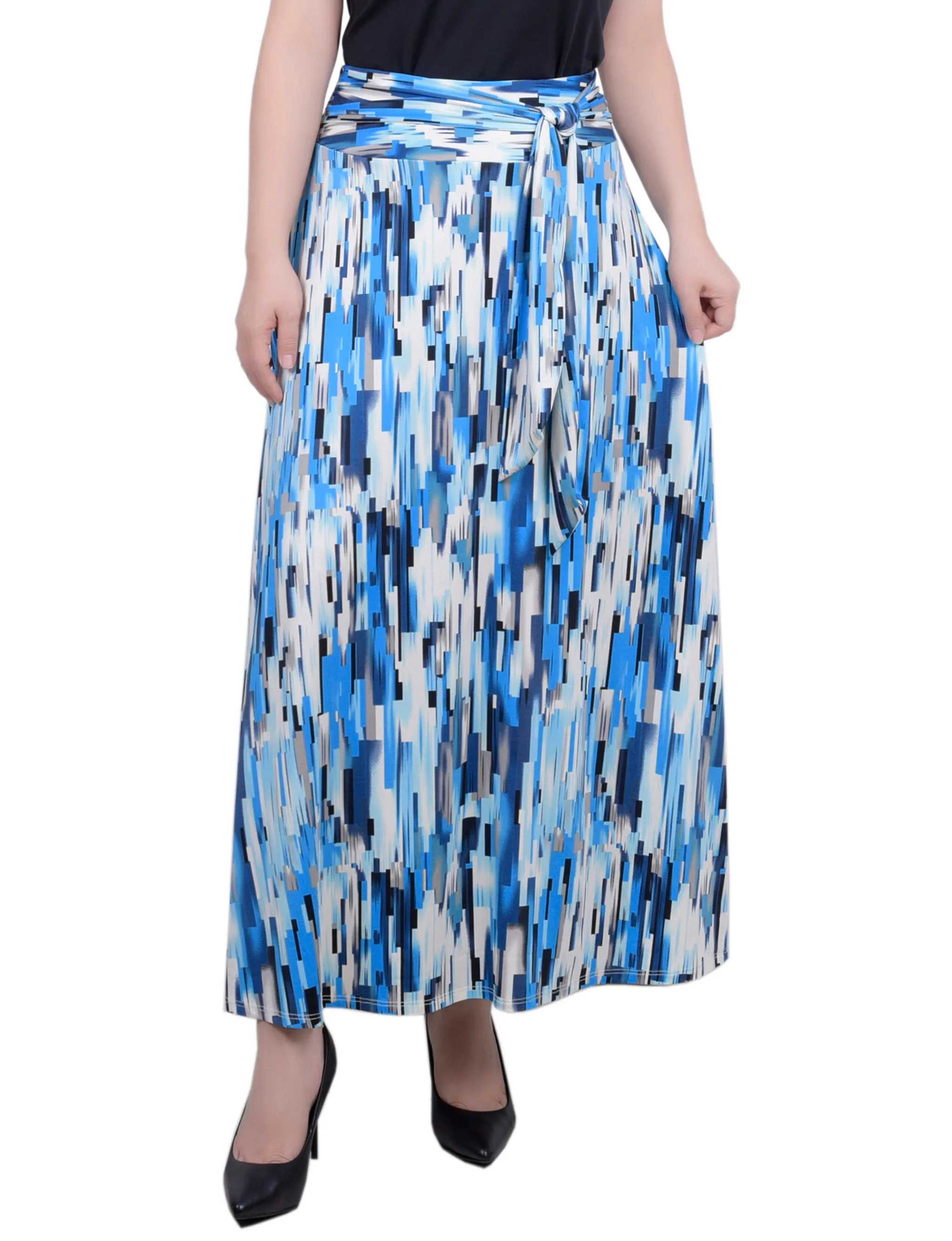 Blue Long Square Abstract Maxi Skirt With Sash Waist Tie - Petite sold by Dress Barn