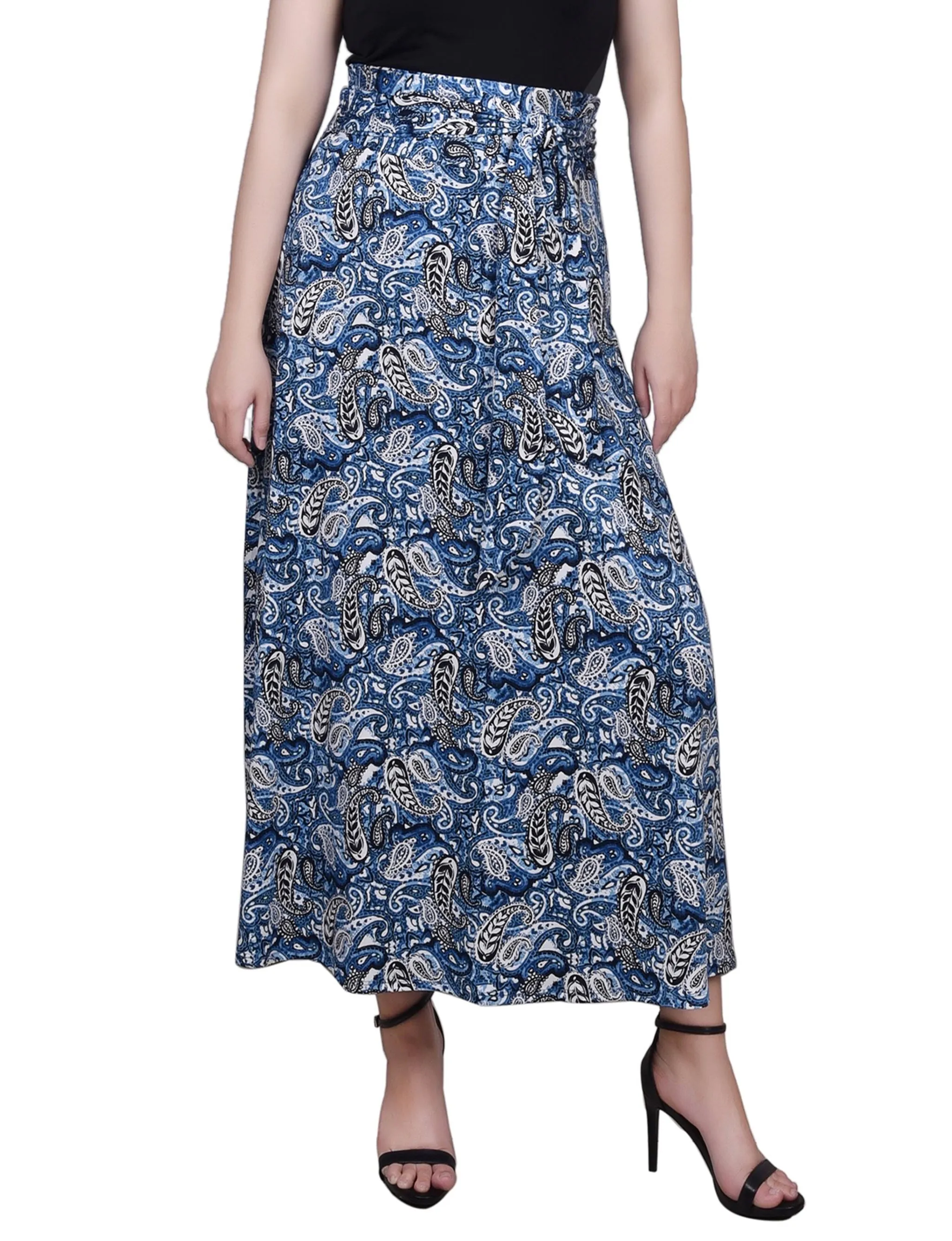 Black Blue Paisley Maxi Skirt With Sash Waist Tie - Petite sold by Dress Barn