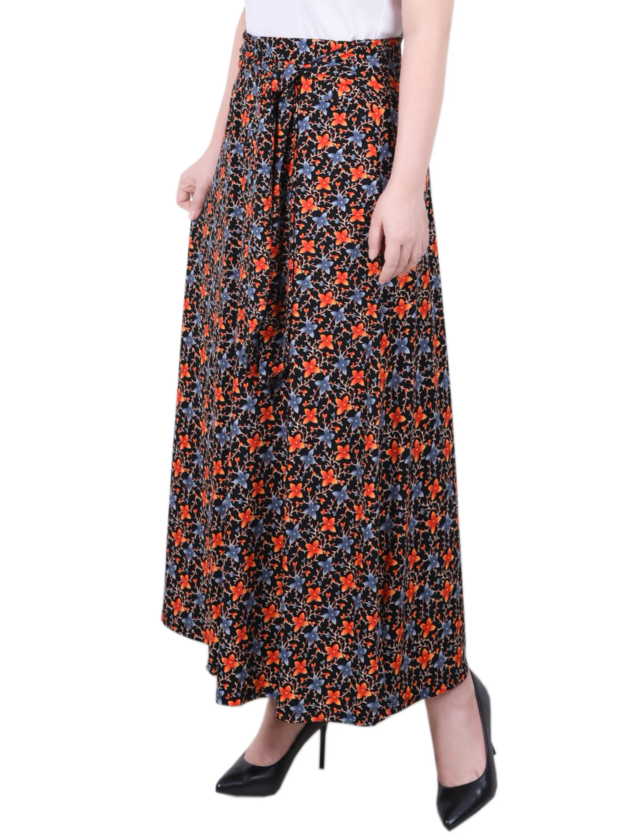 Black Orange Floral Maxi Skirt With Sash Waist Tie - Petite sold by Dress Barn product image thumbnail 2