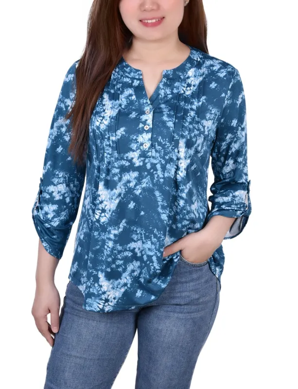 Peacock Blue Tiedye 3/4 Bell Sleeve Pleat Front Y Neck Top - Petite sold by Dress Barn