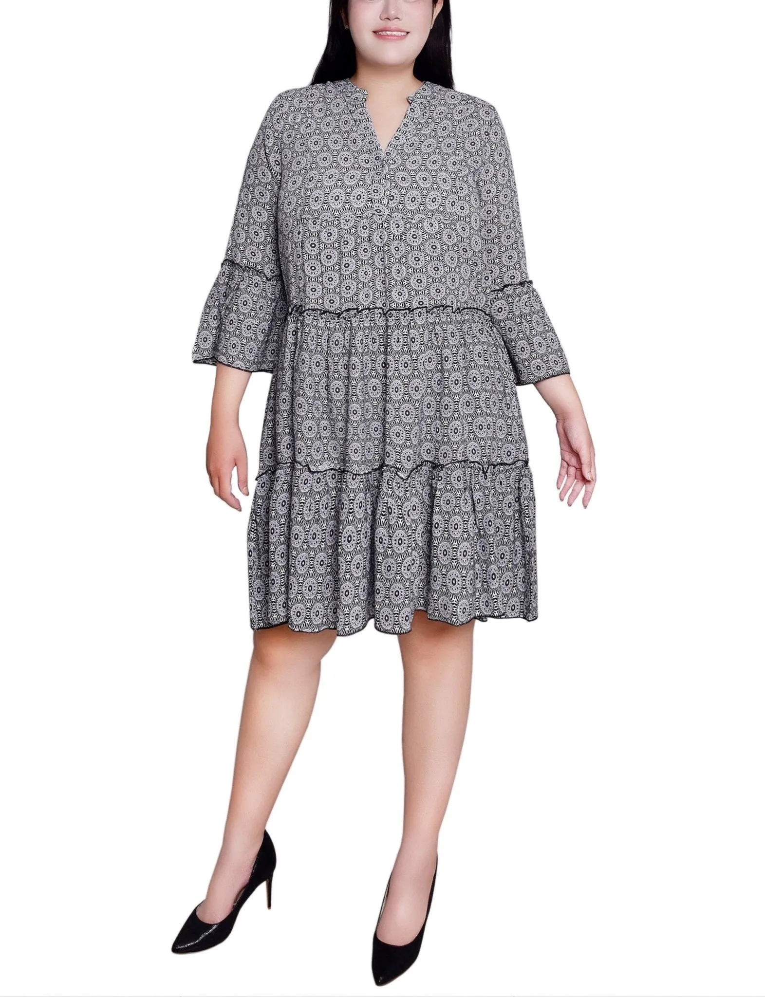 Black White Geo 3/4 Sleeve Tiered Dress - Plus sold by Dress Barn