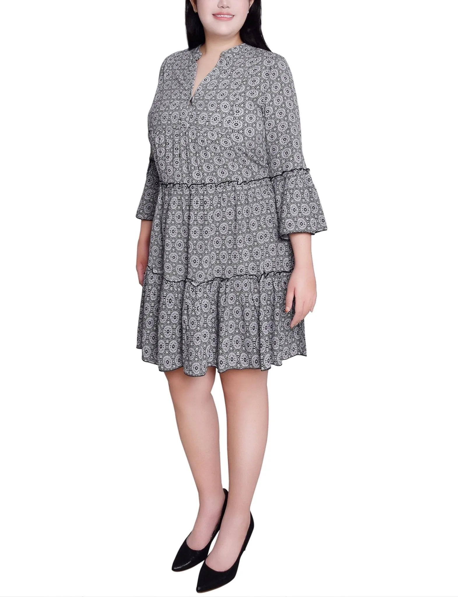Black White Geo 3/4 Sleeve Tiered Dress - Plus sold by Dress Barn product image thumbnail 2