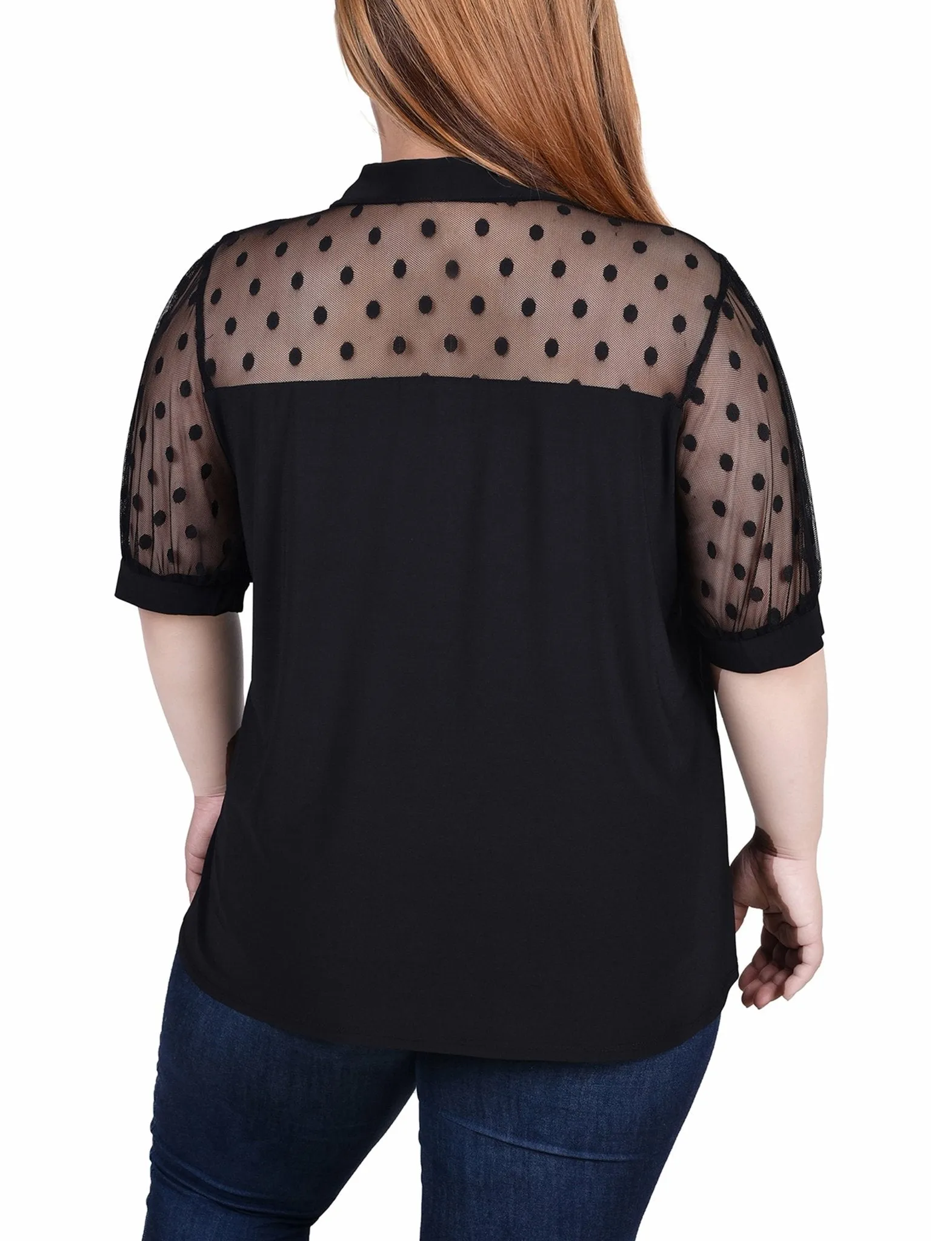 Black Short Sleeve Top With Dotted Mesh - Plus sold by Dress Barn product image thumbnail 4
