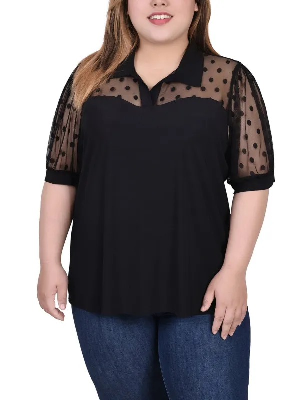 Black Short Sleeve Top With Dotted Mesh - Plus sold by Dress Barn
