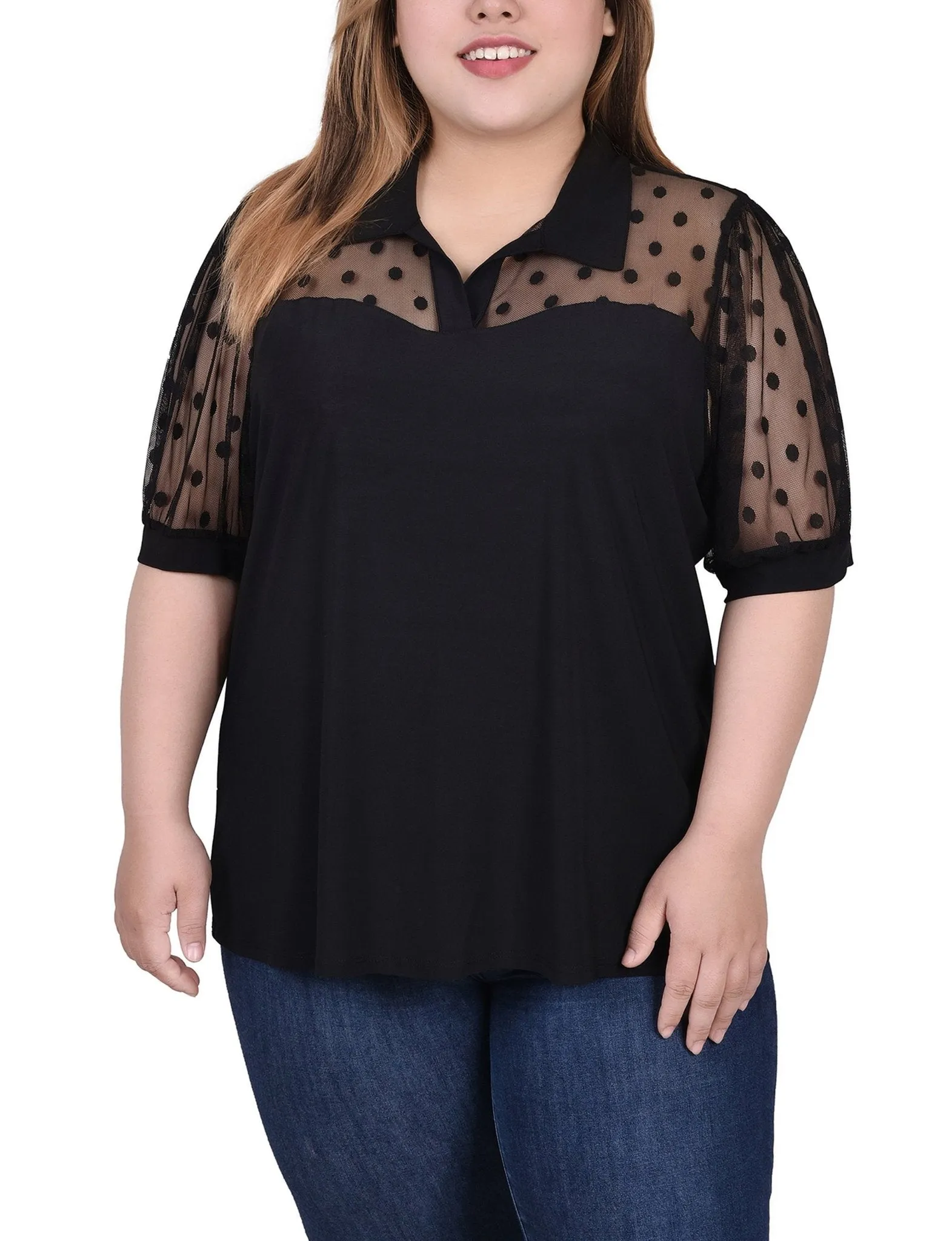 Black Short Sleeve Top With Dotted Mesh - Plus sold by Dress Barn